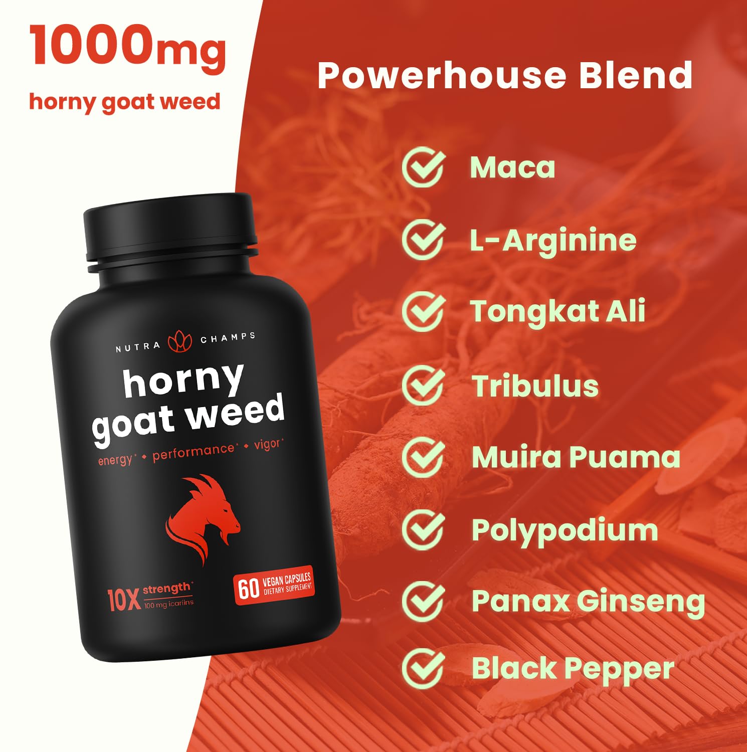NutraChamps Horny Goat Weed, 1000mg Epimedium Energy Supplement, 10X Strength Icariin, Ginseng, Tribulus & Maca Pills for Women & Men, Enhanced Absorption with Black Pepper, 60 Vegan Capsules NutraChamps uk supplements