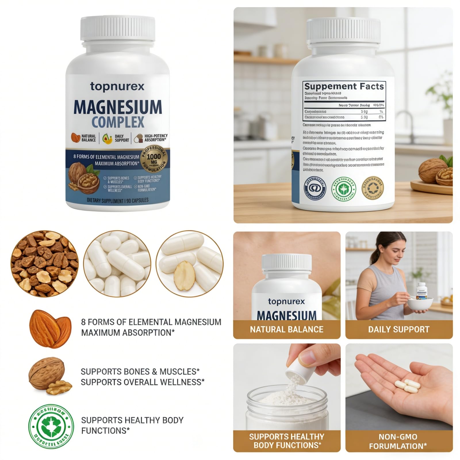 Topnurex Magnesium Complex for Women & Men - 1000mg High Absorption, 8 Essential Magnesium, 90 Capsules Topnurex uk supplements