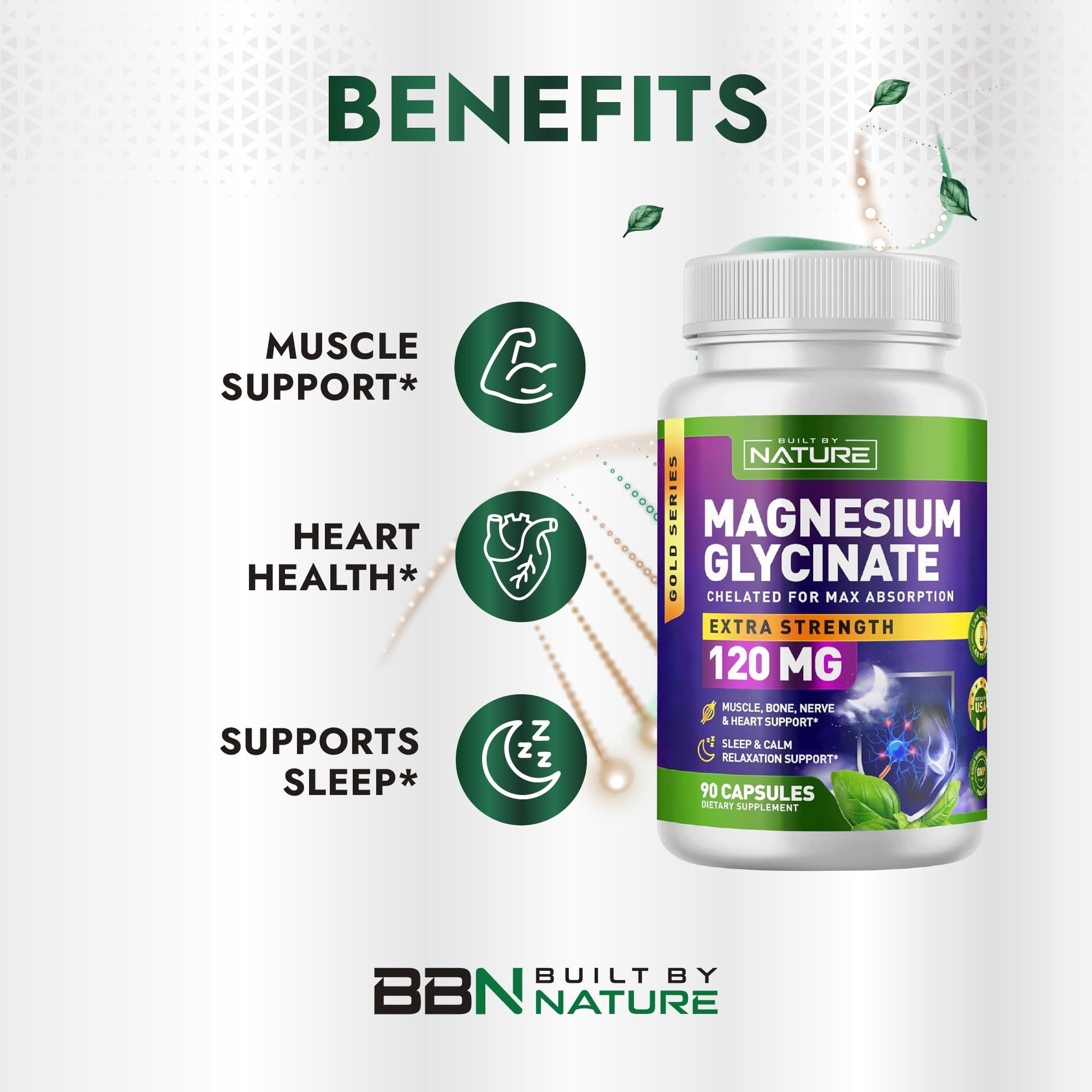 Built By Nature Magnesium Glycinate - Chelated for High Absorption – Supplement to Support Sleep, Muscle, Heart & Nerve Health - 120 mg Magnesium per Serving/Capsule - 90 Capsules Built by Nature uk supplements