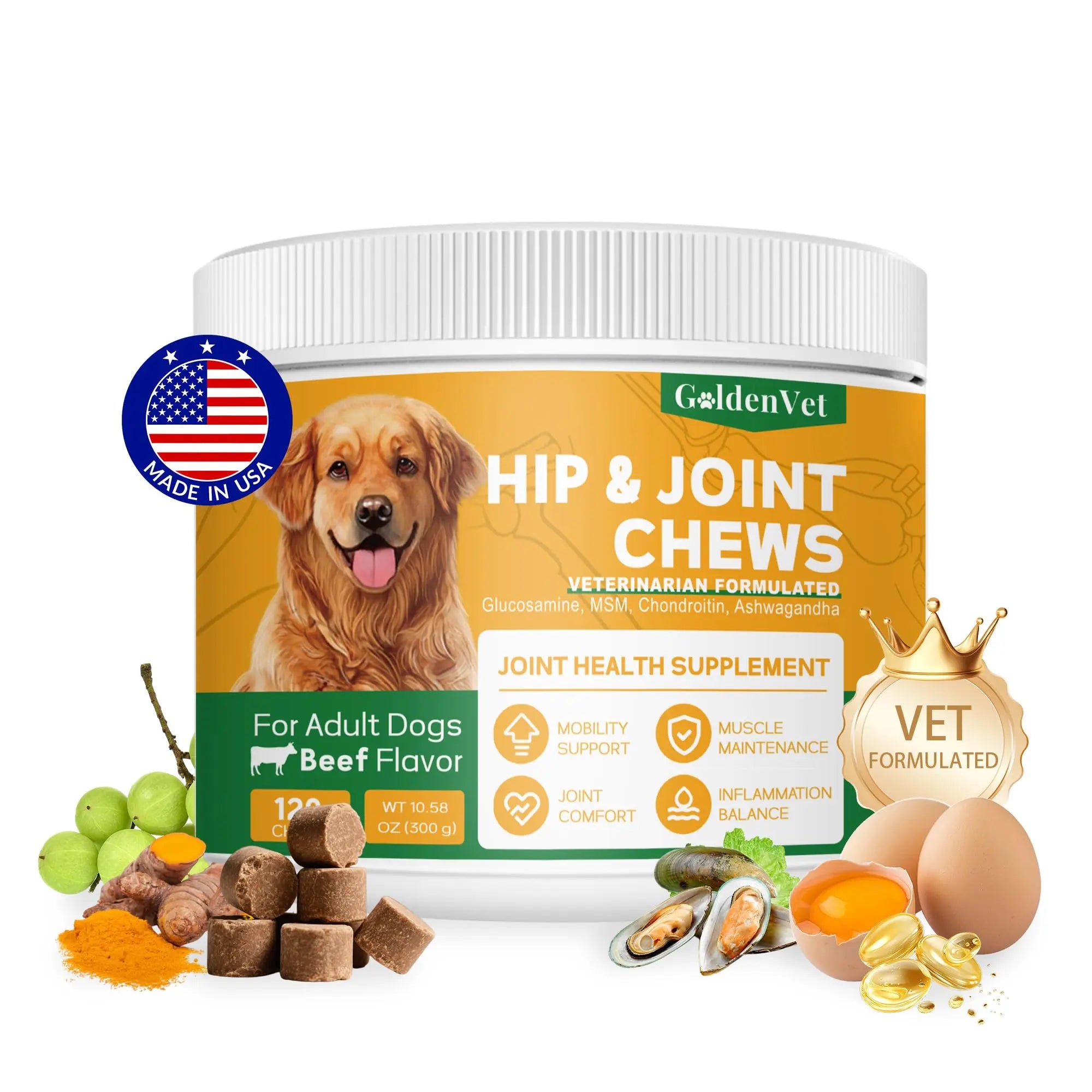 Hip and Joint Chews for Senior Dogs with Glucosamine HCL, Chondroitin, Green-lipped Mussel, Ashwagandha for Anti Inflammatory, Mobility Support, Muscle Maintenance, Joint Comfort 120 Ct GOLDENVET uk supplements