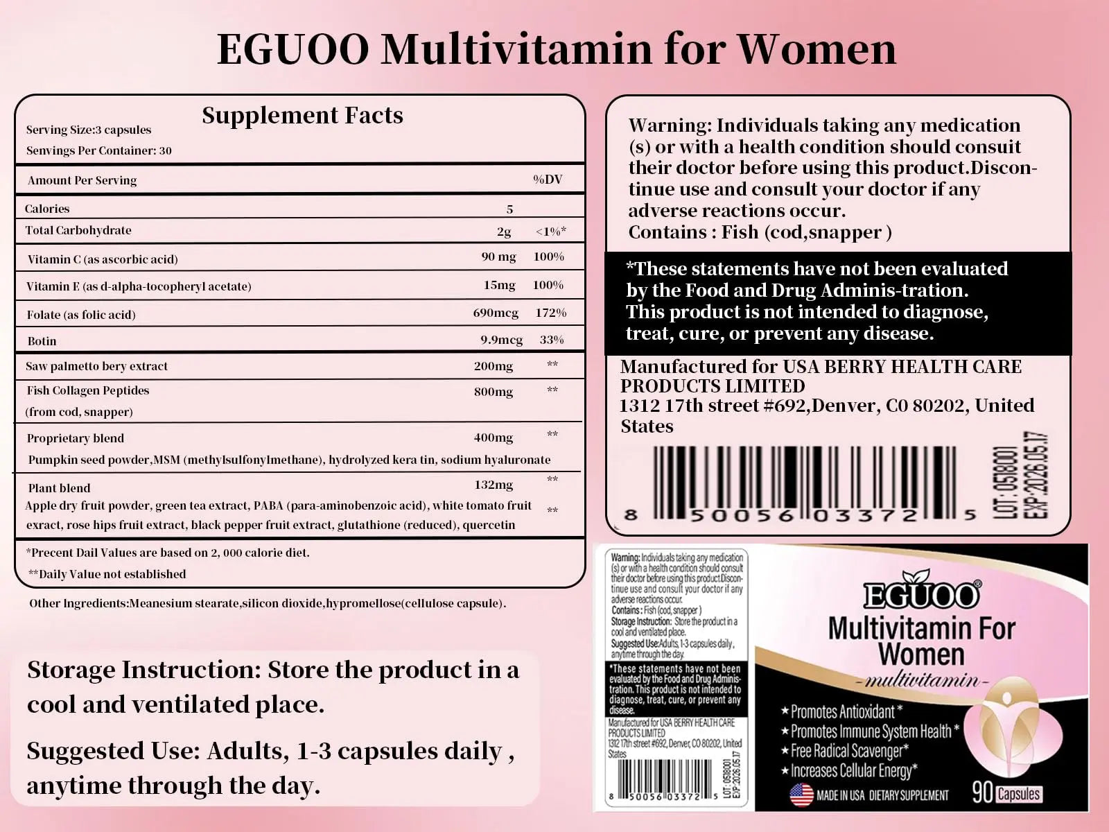 EGUOO Women’s Multivitamin 90 Capsules - Vitamin C, E, Biotin & Folic Acid for Energy, Immune Support, Brain, Heart, Eye & Bone Health EGUOO uk supplements