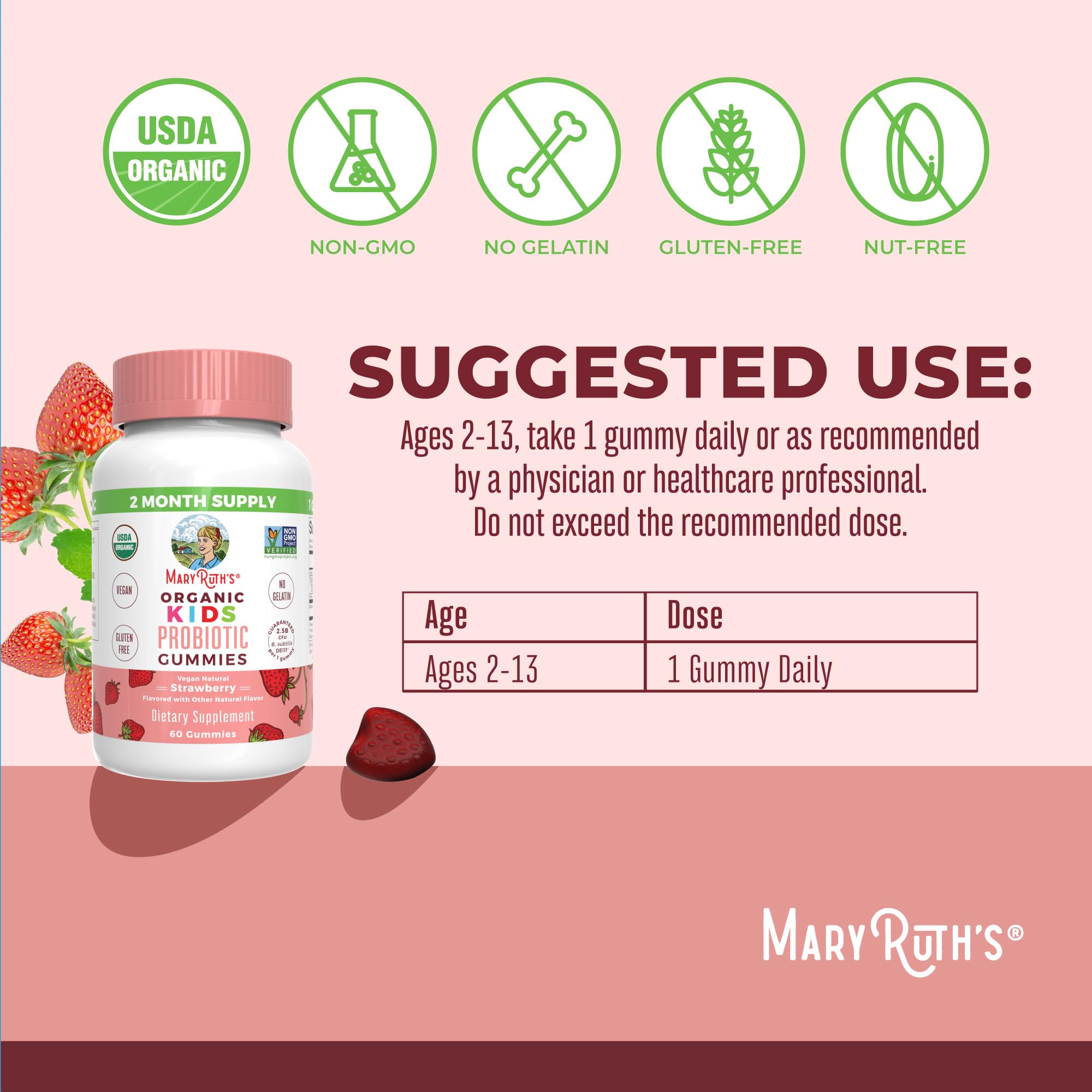 MaryRuth Organics Kids Probiotics for Digestive Health | USDA Probiotic Gummies | 2 Month Supply | Kids Probiotics | Immune Support | Gut Health Supplement | Vegan | Non-GMO | Gluten Free | 60 Count MARYRUTH'S uk supplements