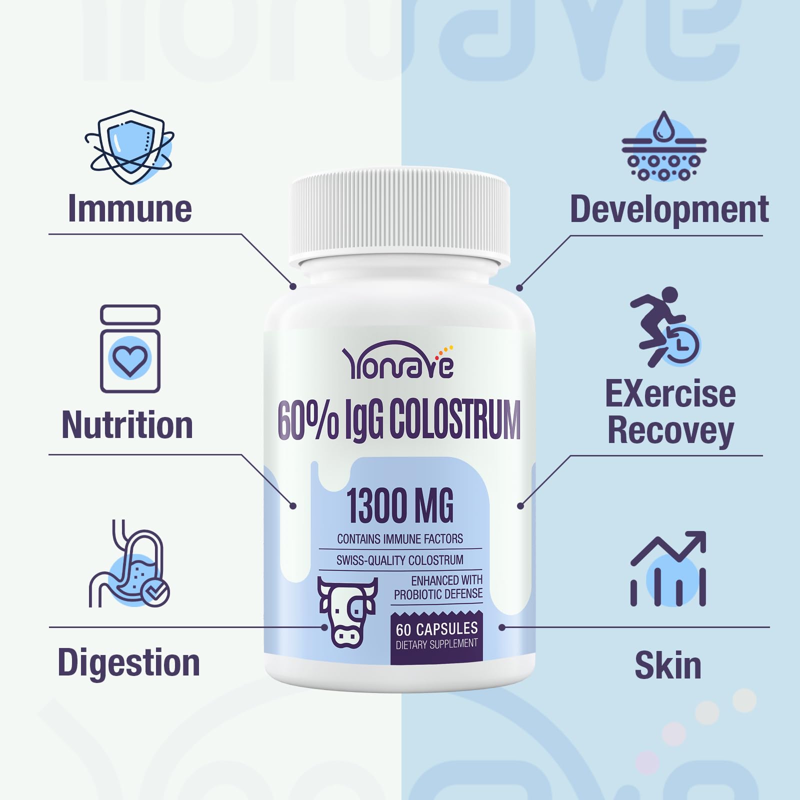 Yonrave Bovine Colostrum Capsules Supplement 1300mg - Extra High 60% IgG Bovine Colostrum - Gut, Bone, Exercise, Immune - 60 Capsules Yonrave uk supplements