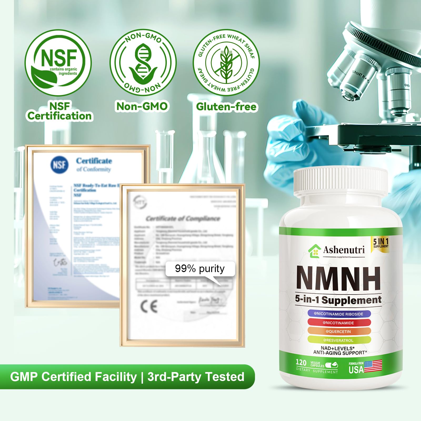 NMNH (Dihydronicotinamide Mononucleotide), NMN Alternative Supplement w/Niacinamide (Vitamin B3), Quercetin, Trans-Resveratrol, Support NAD+, Skin Cell Health*, Anti-Aging & Energy, 120 Caps Ashenutri uk supplements
