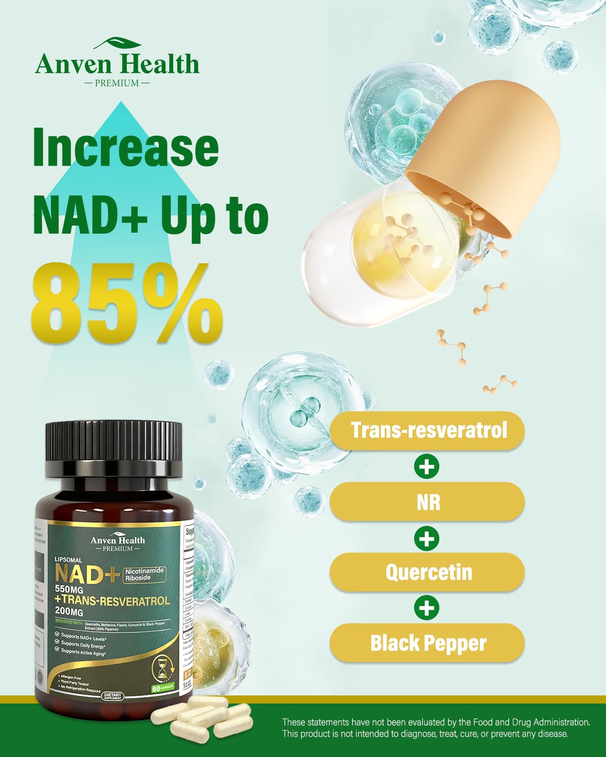 Anven Health Liposomal NAD+ Resveratrol Supplement - NMN Alternative with Trans-Resveratrol, Quercetin & Fisetin - NAD Plus for Women and Men, Cellular Energy & Healthy Aging, Non-GMO | 180 Capsules Anven Health uk supplements