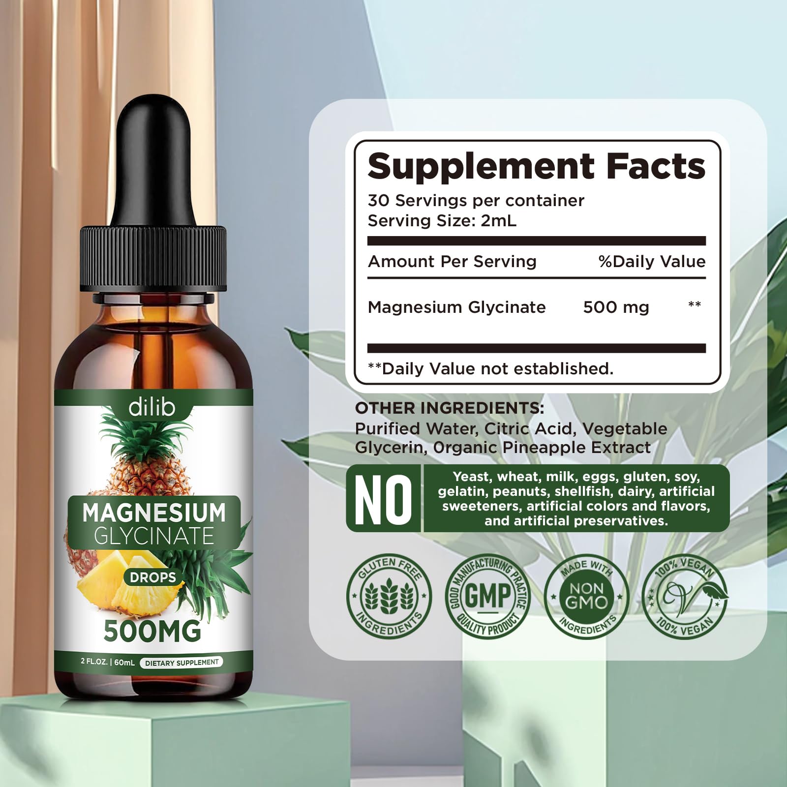 Magnesium Glycinate Supplement, Liquid Magnesium Glycinate Liquid Drops 500mg-Support Stress Relief, Relaxation, Mood, Sleep, Bone & Muscle-2 Fl Oz, Vegan, Pineapple Flavor dilib uk supplements