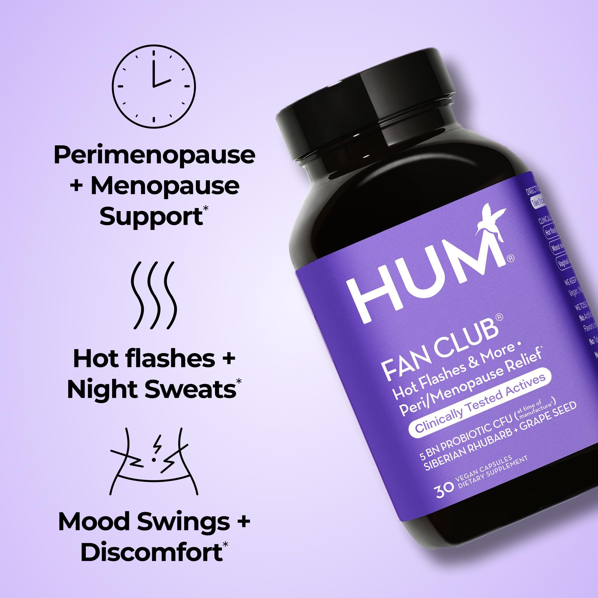 HUM Fan Club Menopause Probiotic Supplement, Estrogen Free Menopause Supplements for Women, Non Hormonal, Supports Energy & Hot Flashes, Grape Seed Extract & Siberian Rhubarb, 30 Vegan Capsules HUM uk supplements