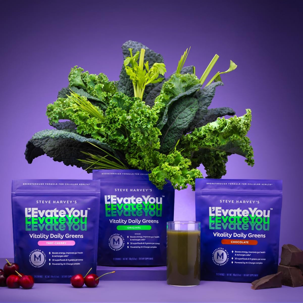 L'Evate You Vitality Daily Greens Powder (28 Servings) 30 Superfoods, 9 Greens - for a Cellular Energy Boost, Powered by M-Charge Complex for All Day Energy (Tart Cherry) Steve Harvey's L'Evate You uk supplements