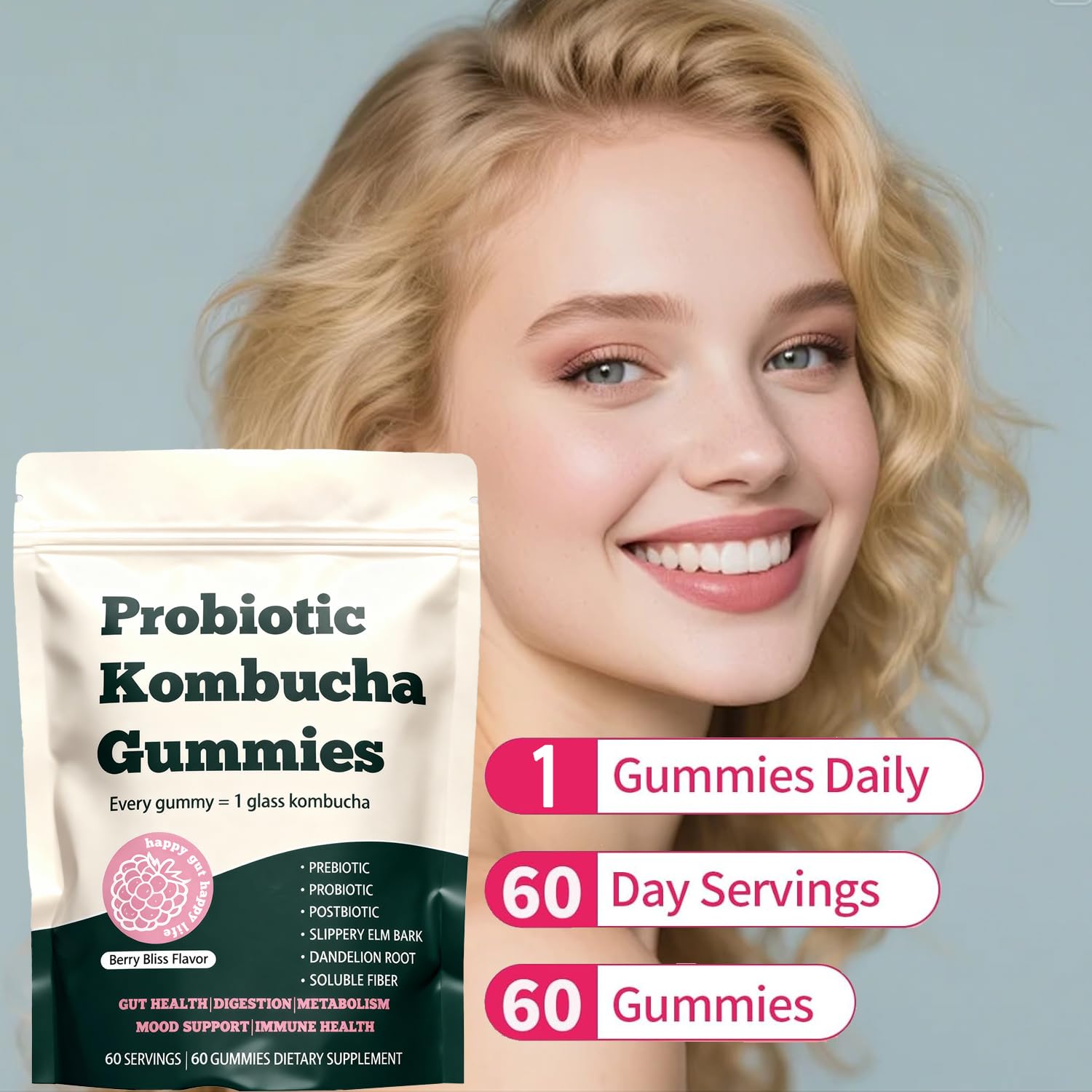 Glo Vous Probiotic Kombucha Gummies – 60 Gummies, with Prebiotics, Postbiotics & Fiber,Includes Slippery Elm, Dandelion Root & MCT Oil,Supports Digestive Health, Bloating Relief & Gut Support Glo Vous uk supplements