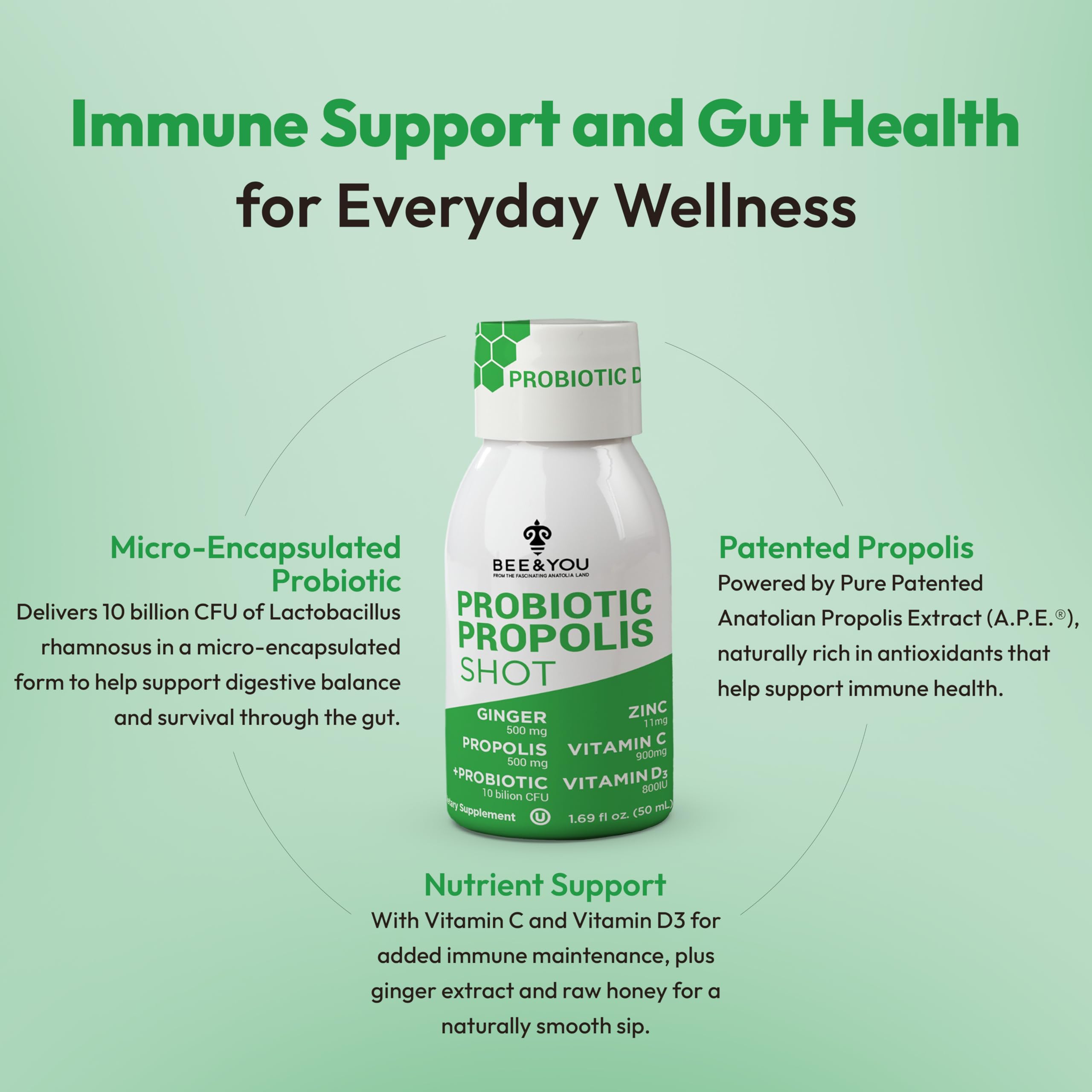 Bee and You Propolis Immune Shot, Probiotic, Vitamin C, Vitamin D3, Zinc, Ginger, Immune Support, Gut Health, Digestive Health, Bioactive 1.69 Fl. oz, 12 Pack BEE & YOU uk supplements
