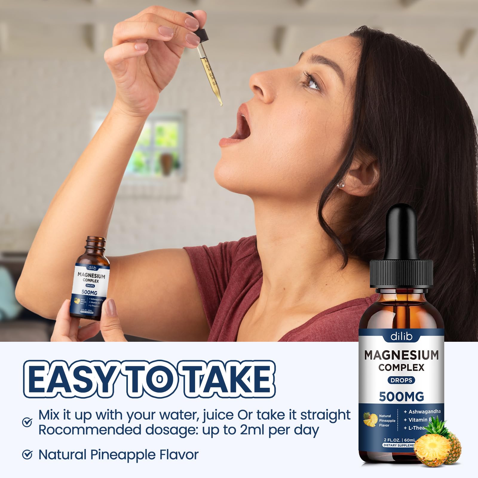 Triple Magnesium Complex Supplement-Magnesium Glycinate, Citrate, Malate Liquid Drops 500mg with Ashwagandha, L-Theanine, Vitamin B6 for Calm, Stress Relief, Sleep, Muscle Support-Pineapple Flavor dilib uk supplements