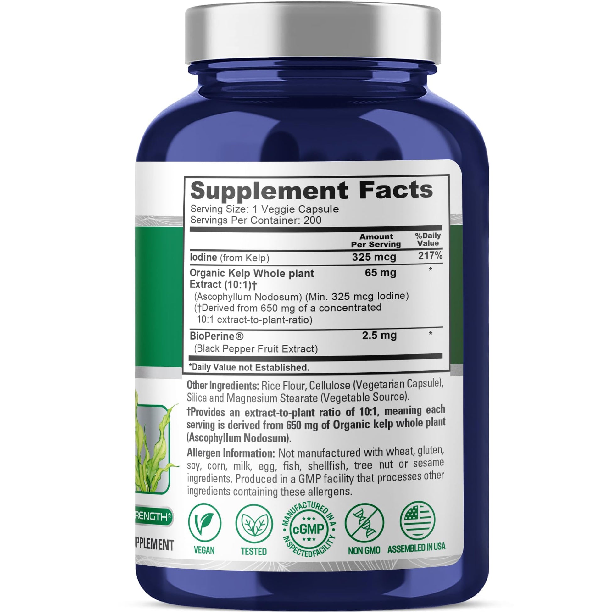 NusaPure Sea Kelp Natural Iodine 325mcg 10:1 Extract, 65 mg Equivalent to 650 mg Capsule 200 Count (Non-GMO, Vegan) NusaPure uk supplements
