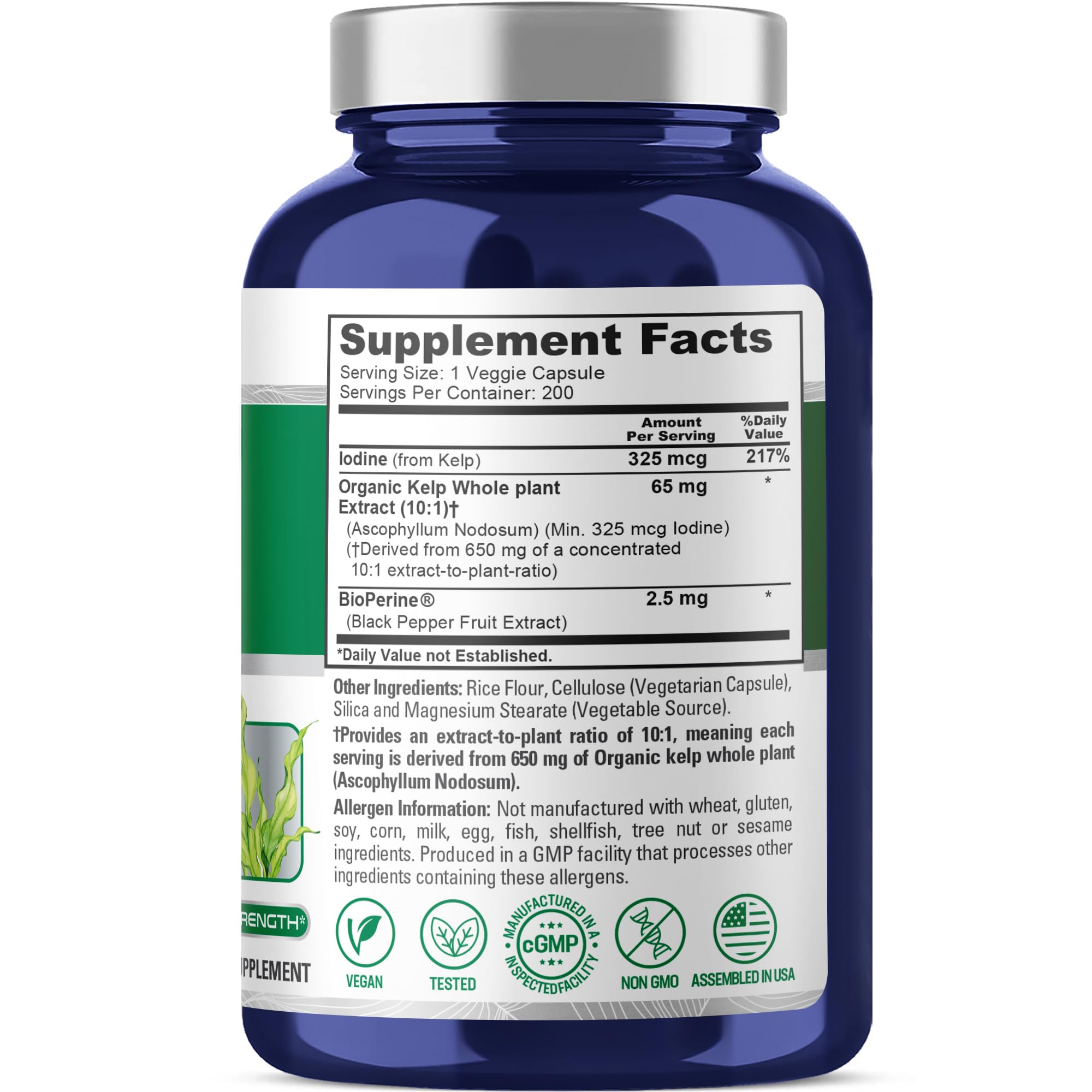NusaPure Sea Kelp Natural Iodine 325mcg 10:1 Extract, 65 mg Equivalent to 650 mg Capsule 200 Count (Non-GMO, Vegan) NusaPure uk supplements