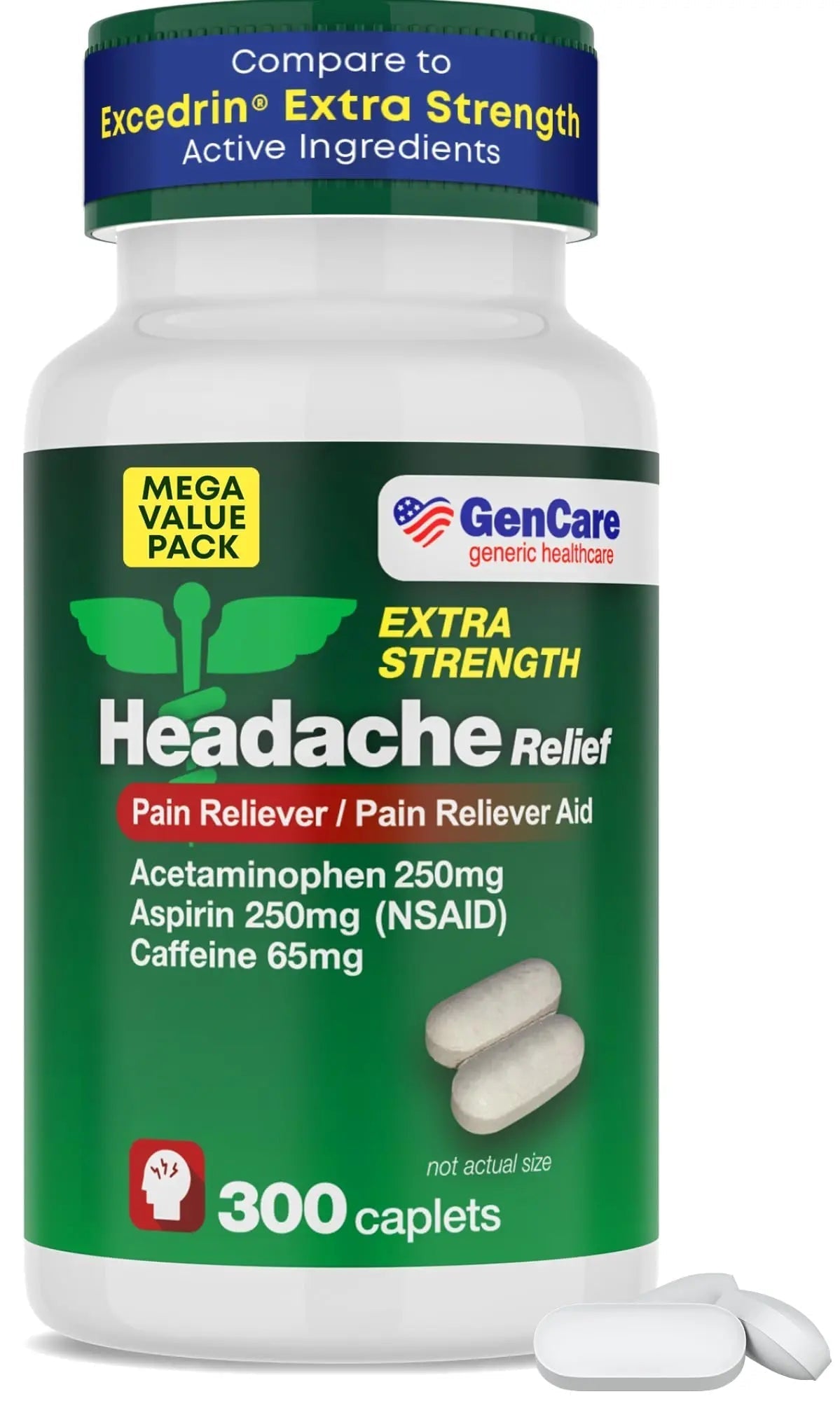 GenCare - Headache Relief Acetaminophen with Aspirin (NSAID) & Caffeine (300 Caplets) Value Pack | Head Pain, Muscle Aches, Back Pain & Body | Generic ExcedrEn Extra Strength GenCare uk supplements