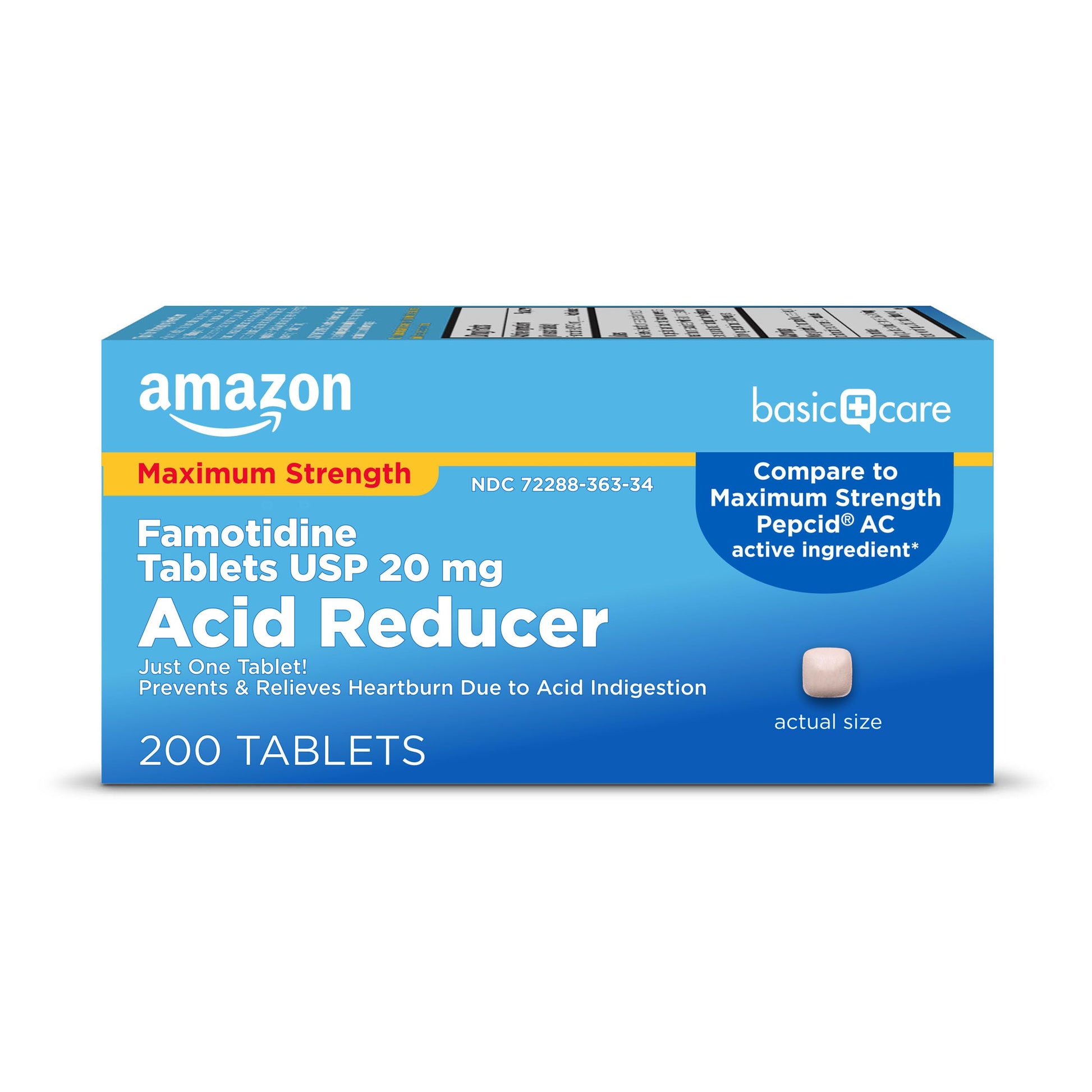 Amazon Basic Care Maximum Strength Famotidine Tablets 20 mg, Acid Reducer for Heartburn Relief, Prevents & Relieves Acid Indigestion, Heartburn Medicine, 12 Hour Protection, 200 Count Amazon Basic Care uk supplements