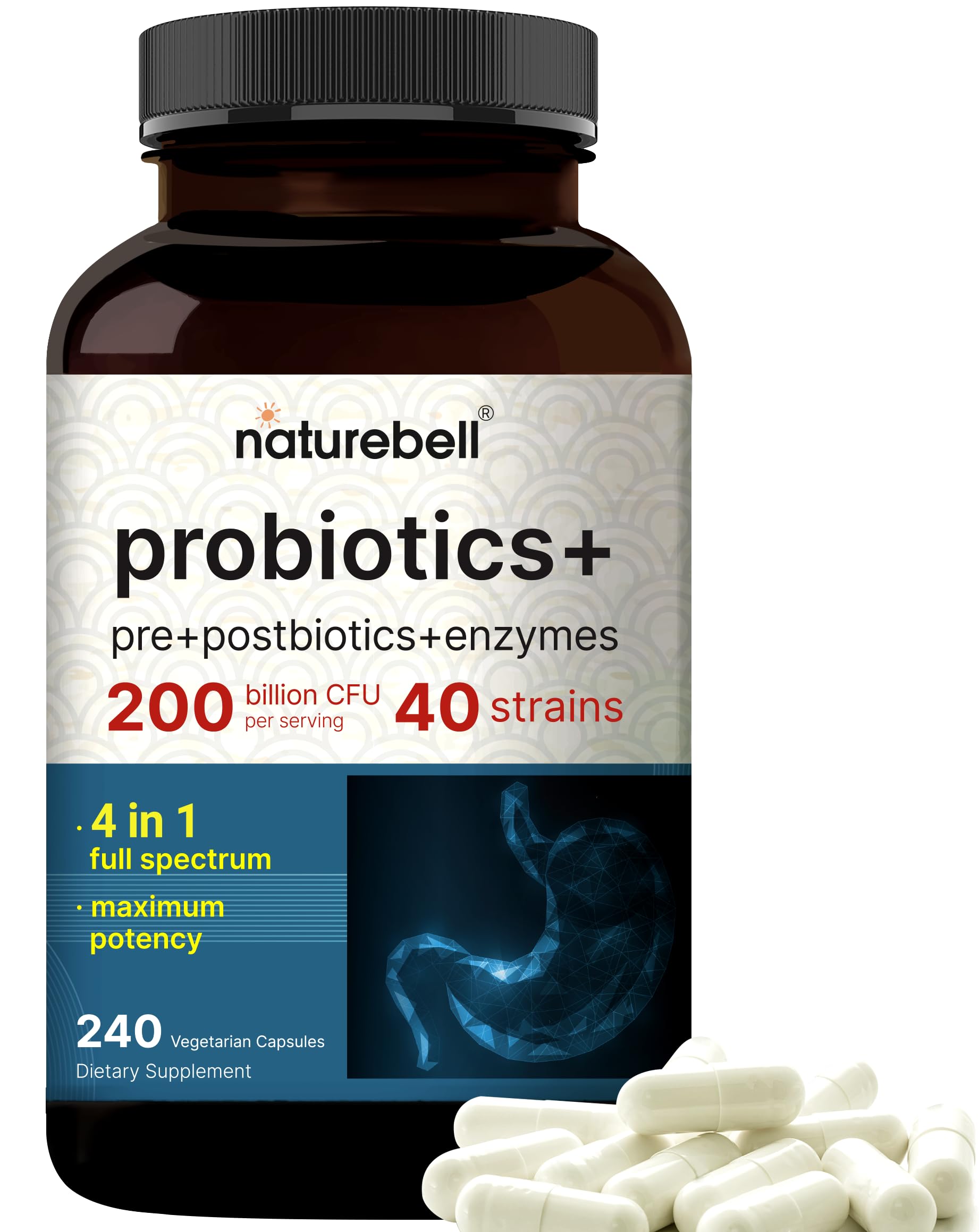 NatureBell Probiotic 200 Billion CFU – 40 Strains Per Serving | 240 Veggie Capsules with Prebiotics and Probiotics – Full Spectrum Complex with Enzymes – Daily Probiotics for Women & Men NatureBell uk supplements