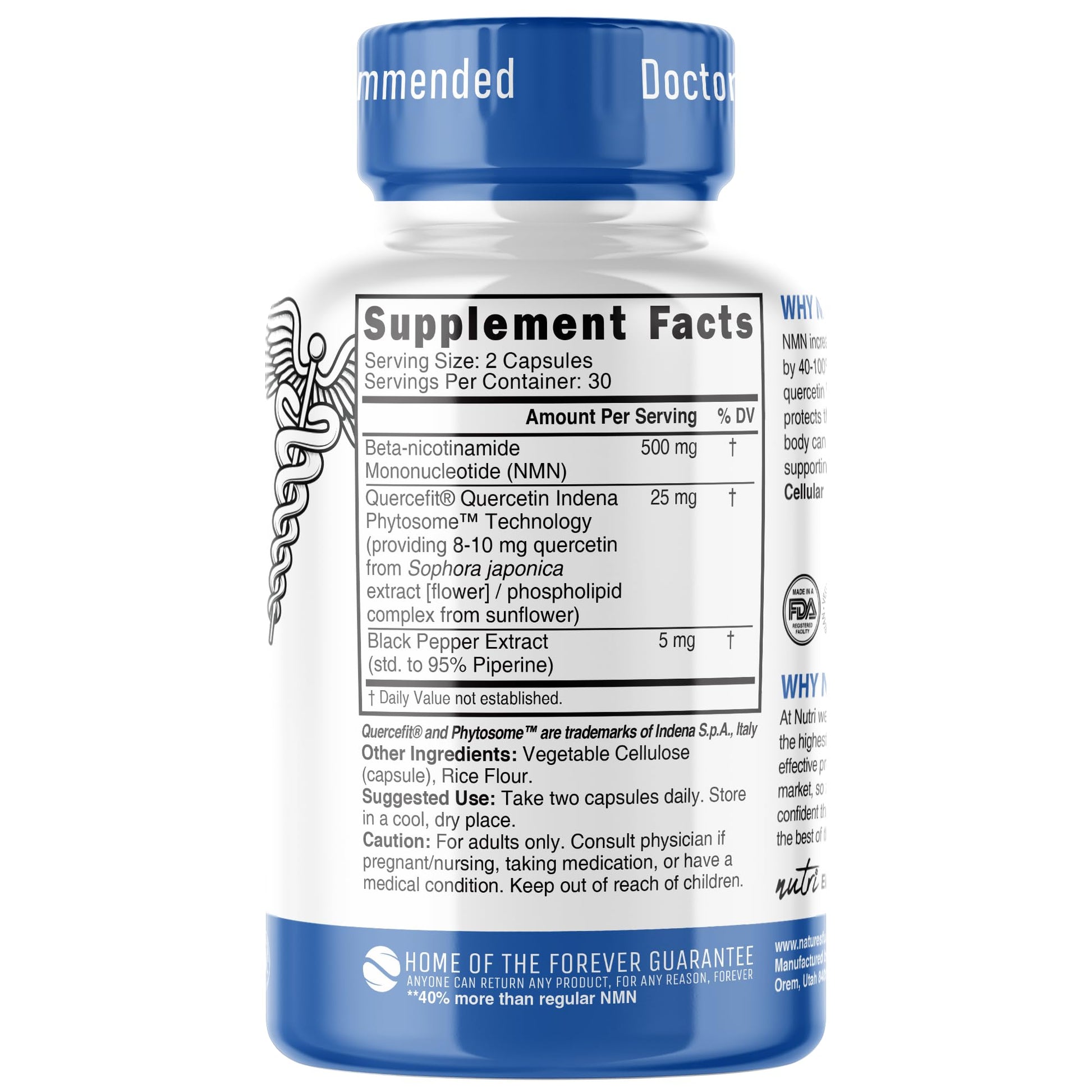 NMN Supplement 500mg NAD Supplement - Nutri Ultra High Absorption Stabilized NMN Nicotinamide Mononucleotide, 40% More NAD+ with Quercetin Phytosome & Black Pepper - mnm supplement (60 Capsules) Nature's Fusions uk supplements