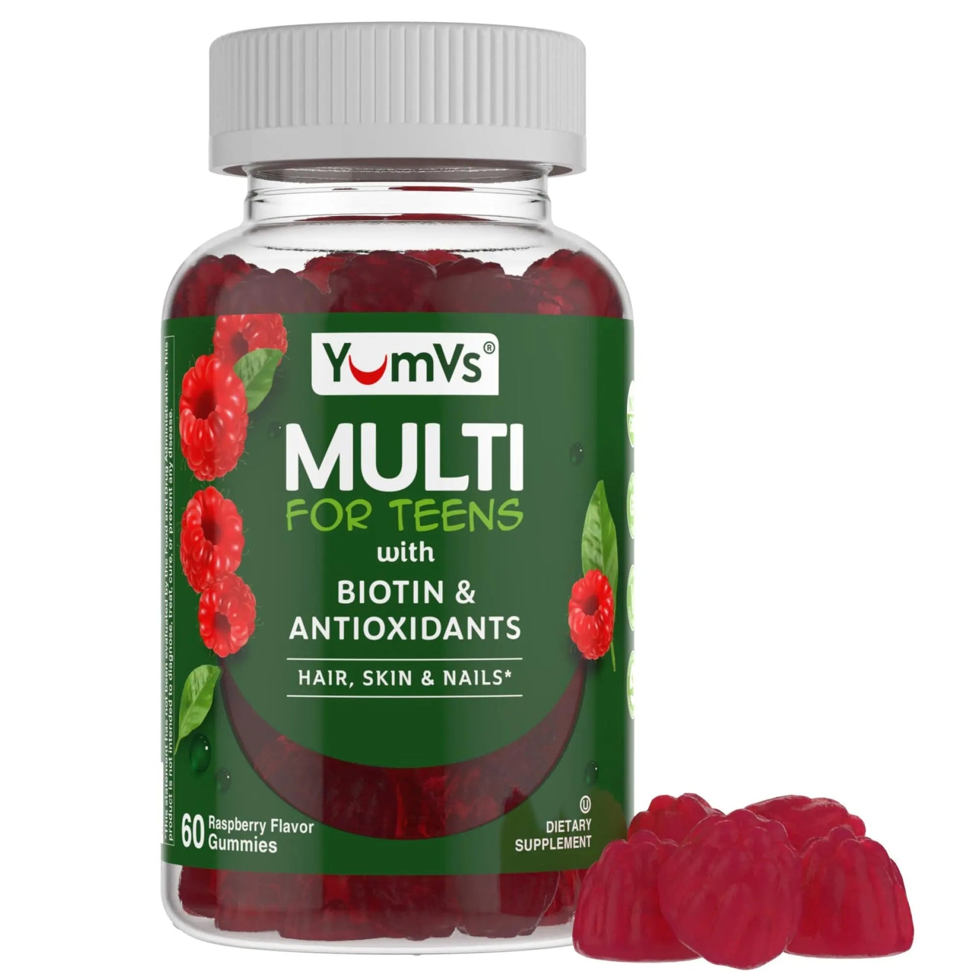YumVs Teen Multivitamin Gummies with Biotin and Antioxidants - Raspberry Flavor - Hair Skin Nails Support - Kosher Teenager Vitamins YUM-V'S uk supplements