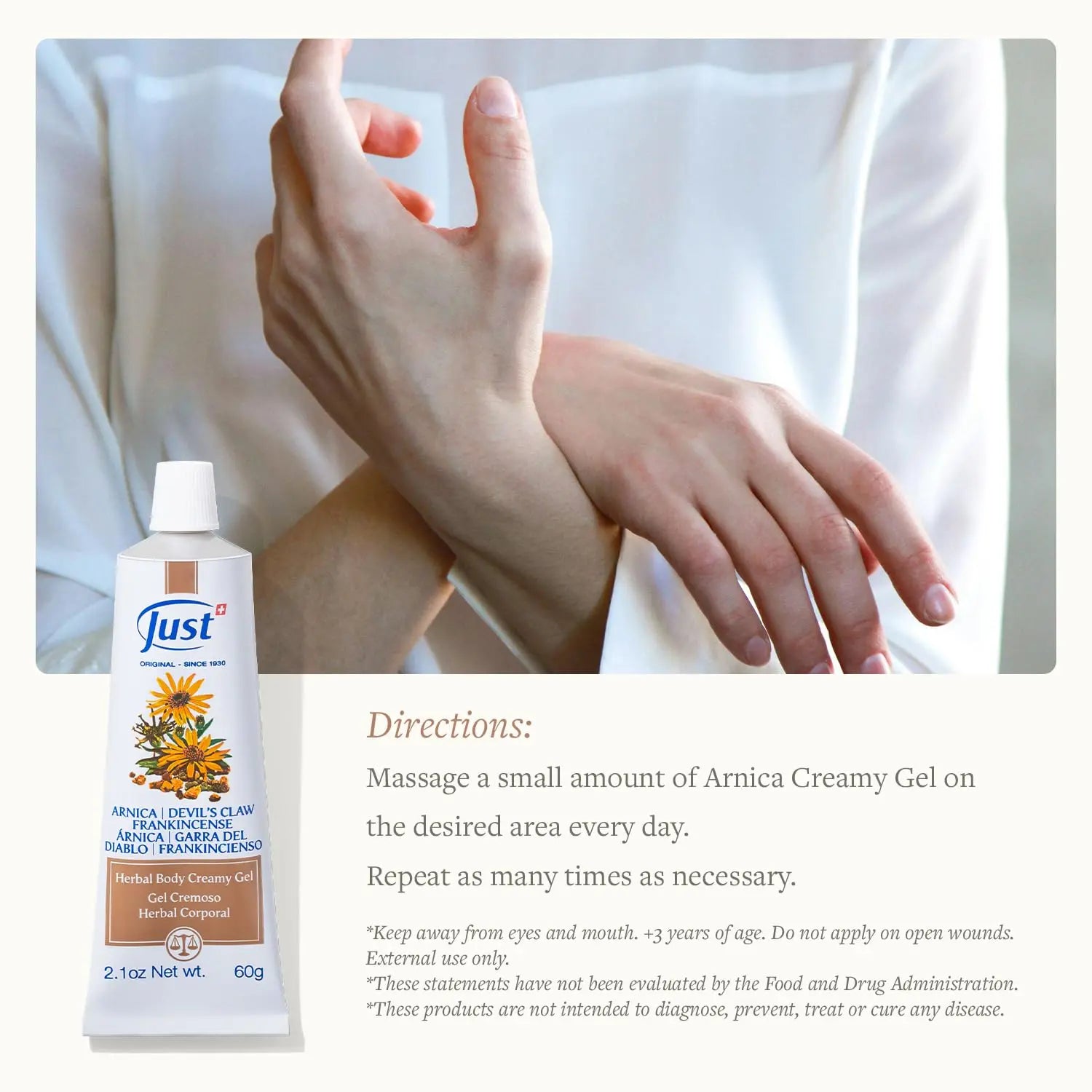 Swiss Just Arnica Gel, Arnica Creamy Gel 60g. Arnica Cream w/Devils Claw & Frankincense Oil. A Gentle Massage Cream on Wrists, Fingers, Knees, Ankles, Joints, Waist, Neck, and Back. SwissJust uk supplements