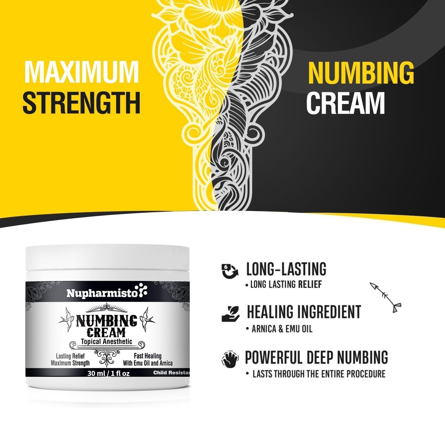 Nupharmisto Numbing Cream Maximum Strength : Long Lasting Numbing Cream with 5X Numbing - Emu Oil and Arnica 30 ml / 1 fl oz Nupharmisto uk supplements