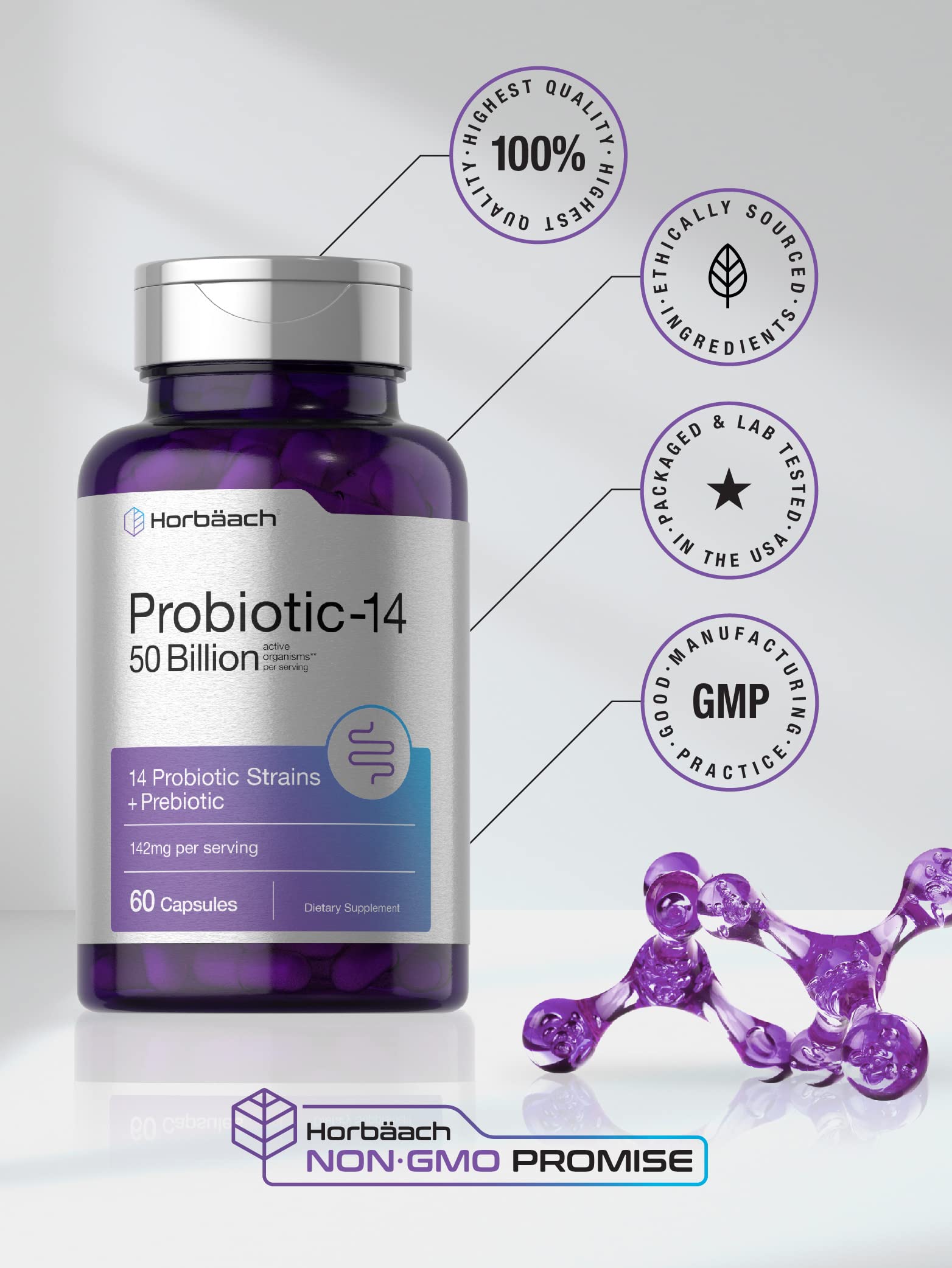 Horbäach Probiotics with Prebiotics | 60 Capsules | 50 Billion Active Organisms | Non-GMO Horbäach uk supplements