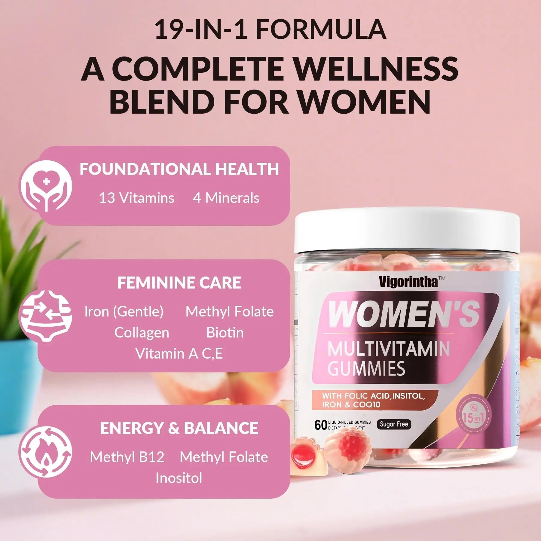 Vigorintha 2 Pack Sugar Free Womens Multivitamin Gummies with 19 Multi Vitamins & Minerals,Iron,Calcium,Folate,Biotin,Inositol Vigorintha uk supplements