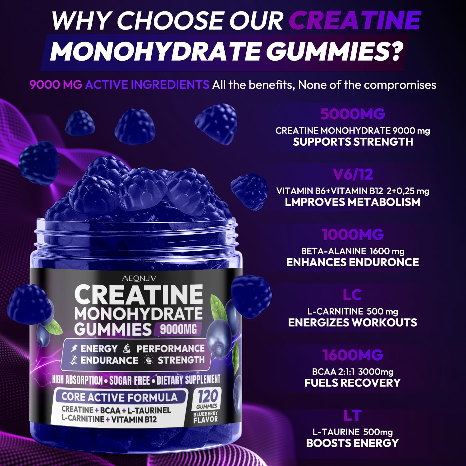 AEQNJV Creatine Gummies Monohydrate Complex for Men & Women, 9000MG Creatine Pre-Workout Supplement Enhance Muscle Strength Recovery Cognitive Health & Memory, 120 Gummies Sugar Free Vegan Non-GMO AEQNJV uk supplements