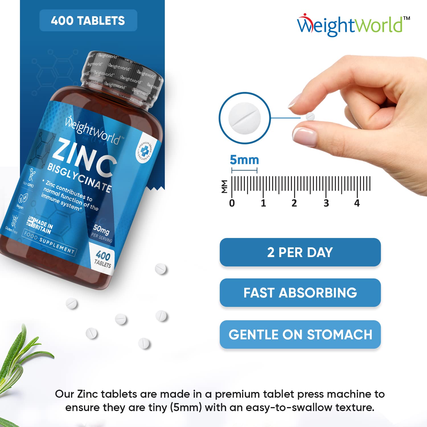 High Strength Zinc Tablets 50mg – 400 Vegan Zinc Bisglycinate Tablets 6+ Months WeightWorld uk supplements