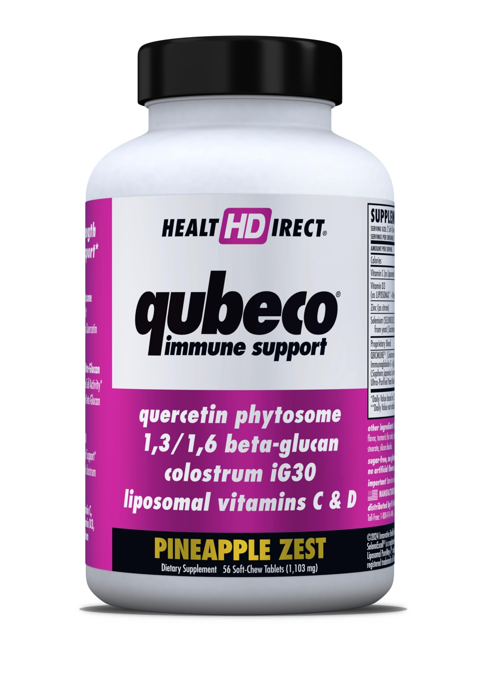 HEALTH DIRECT - Qubeco Immune Support with Vitamin D3, Liposomal Vitamin C, Quercetin, Beta-Glucan, Colostrum, Zinc, Selenium - Clinical Strength – 56 Soft Chew Tabs - 28 Day Supply - Pineapple Zest HEALTH DIRECT uk supplements