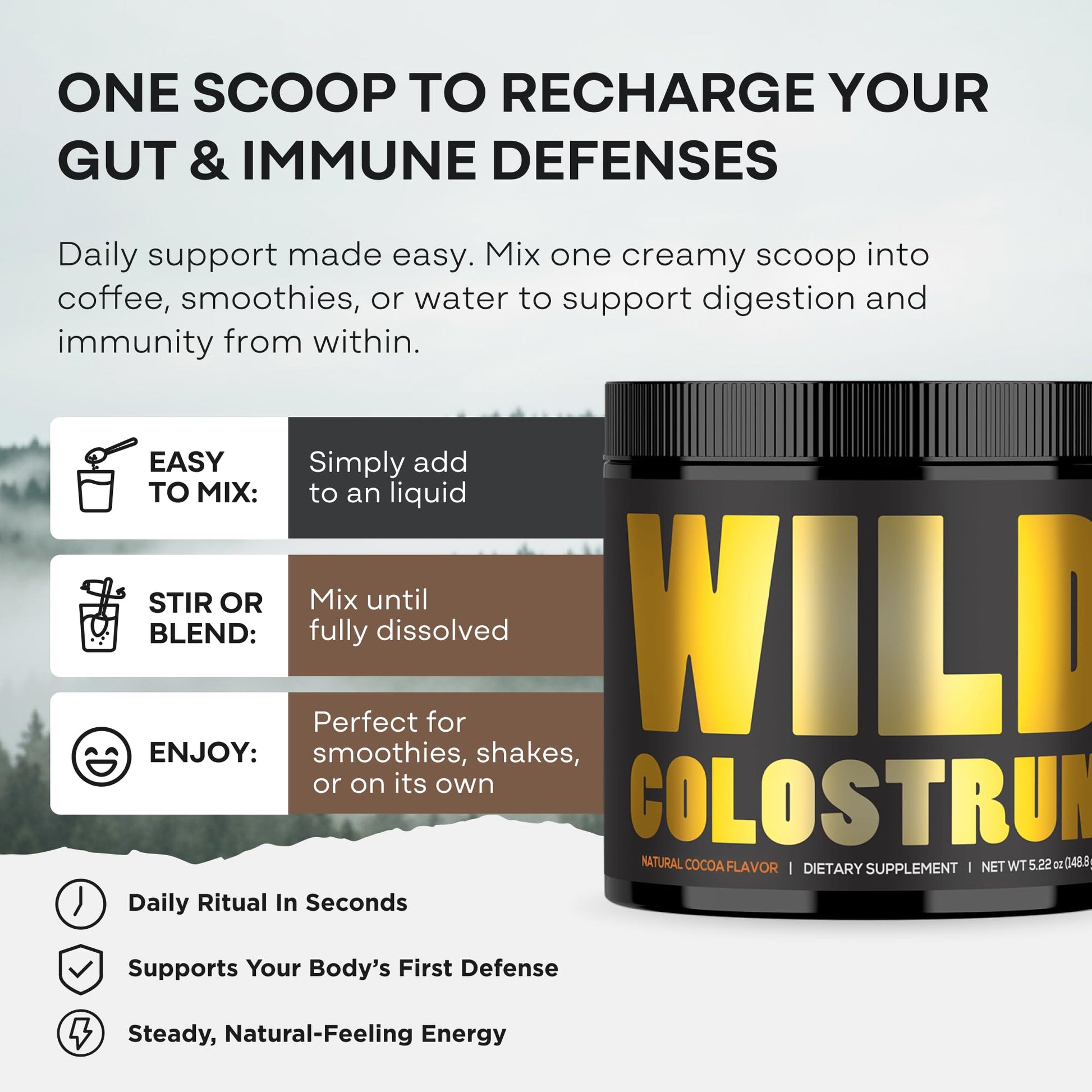 Colostrum Supplement - Grass Fed Pure Bovine Colostrum Powder - 2000mg & 400mg IgG (calostro bovino) - Gut, Immunity, Skin, Hair Support - Sugar Free, Natural Cacao Flavour, 30 Servings Wild Foods uk supplements
