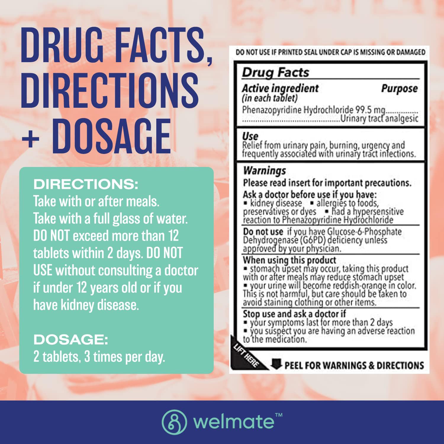 WELMATE Urinary Pain UTI Relief Maximum Strength (Phenazopyridine HCL) - Improve Urinary Tract Health & Bladder Control, Urgency, & Discomfort | Over-The-Counter Medication for Men & Women (120 Pills) WELMATE uk supplements
