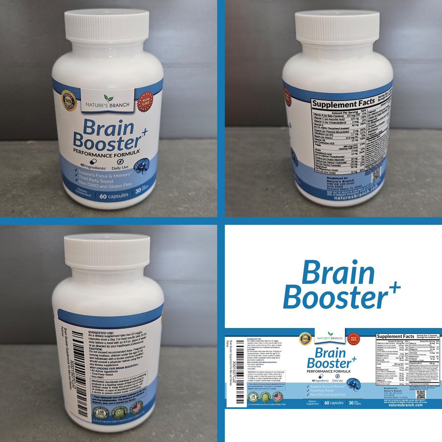 40-in-1 Brain Booster Supplement for Focus, Memory, Clarity, Energy | Advanced Vitamins Plus eBook | for Men & Women, Cognitive Function Nootropic Support with DMAE, Mind Health Formula | 60 Capsules NATURE'S BRANCH uk supplements