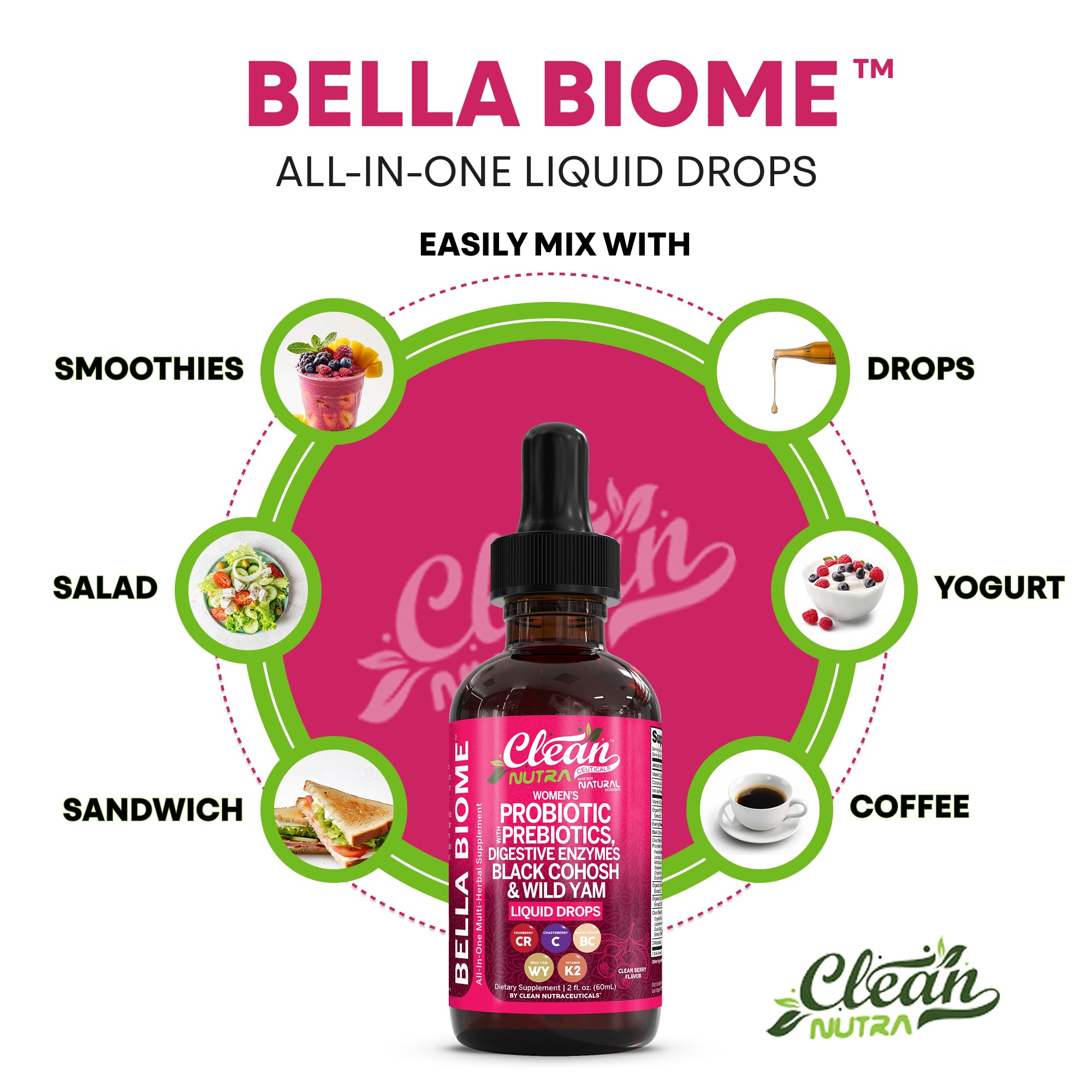 Liquid Probiotics for Women Drops with Chasteberry, Black Cohosh, Prebiotics, Digestive Enzymes, Evening Primrose Oil, Wild Yam, Cranberry Dmannose and Iron Vitamin D3 K2 Clean Nutra Bella Biotics Clean Nutraceuticals uk supplements
