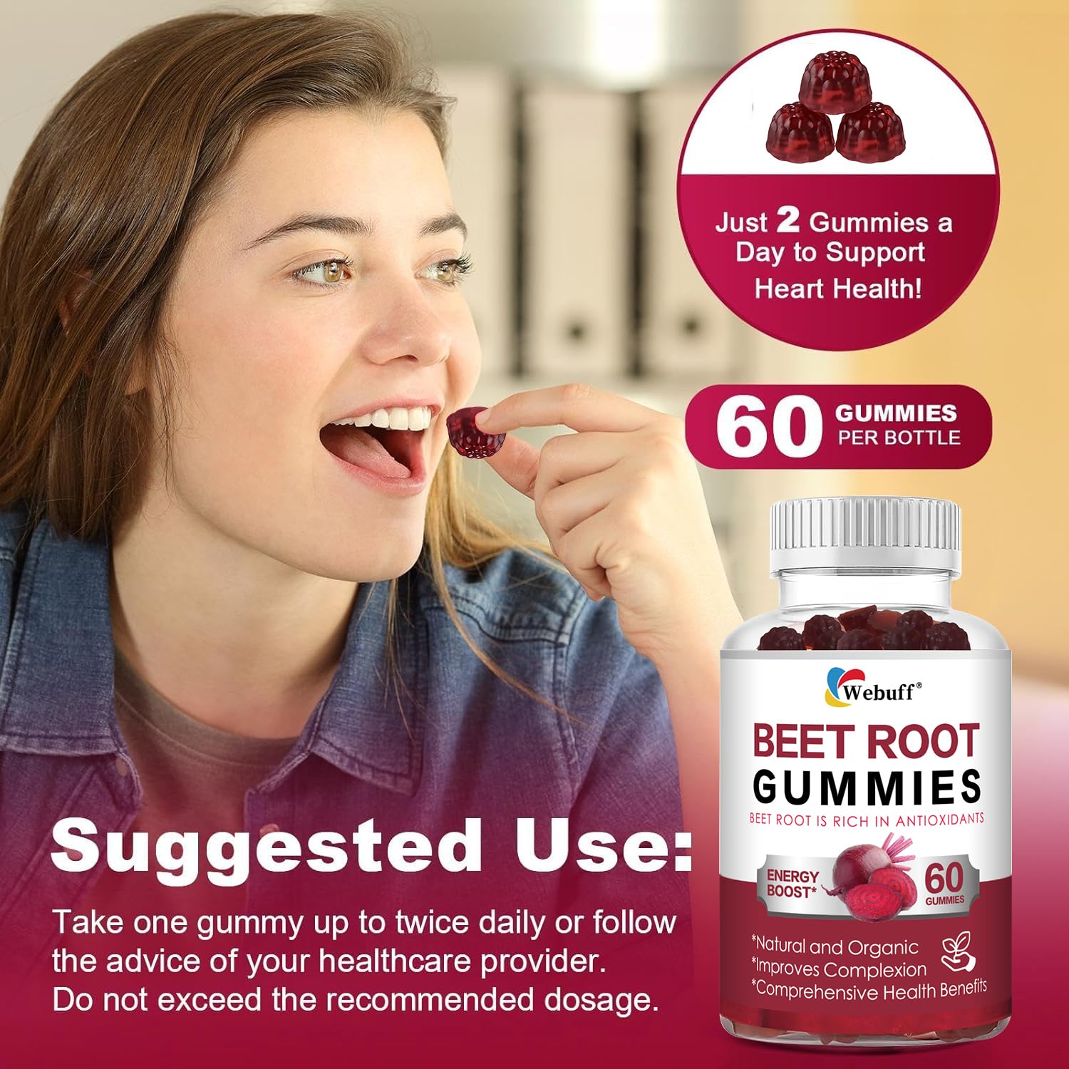 Webuff Beet Root Gummies - Nitric Oxide Booster with Organic Beet, Pomegranate & Grape Seed, Vitamin B12 - Energy, Circulation & Heart Health Support, Vegan, Non-GMO, 60 Count (Pack of 1) Webuff uk supplements