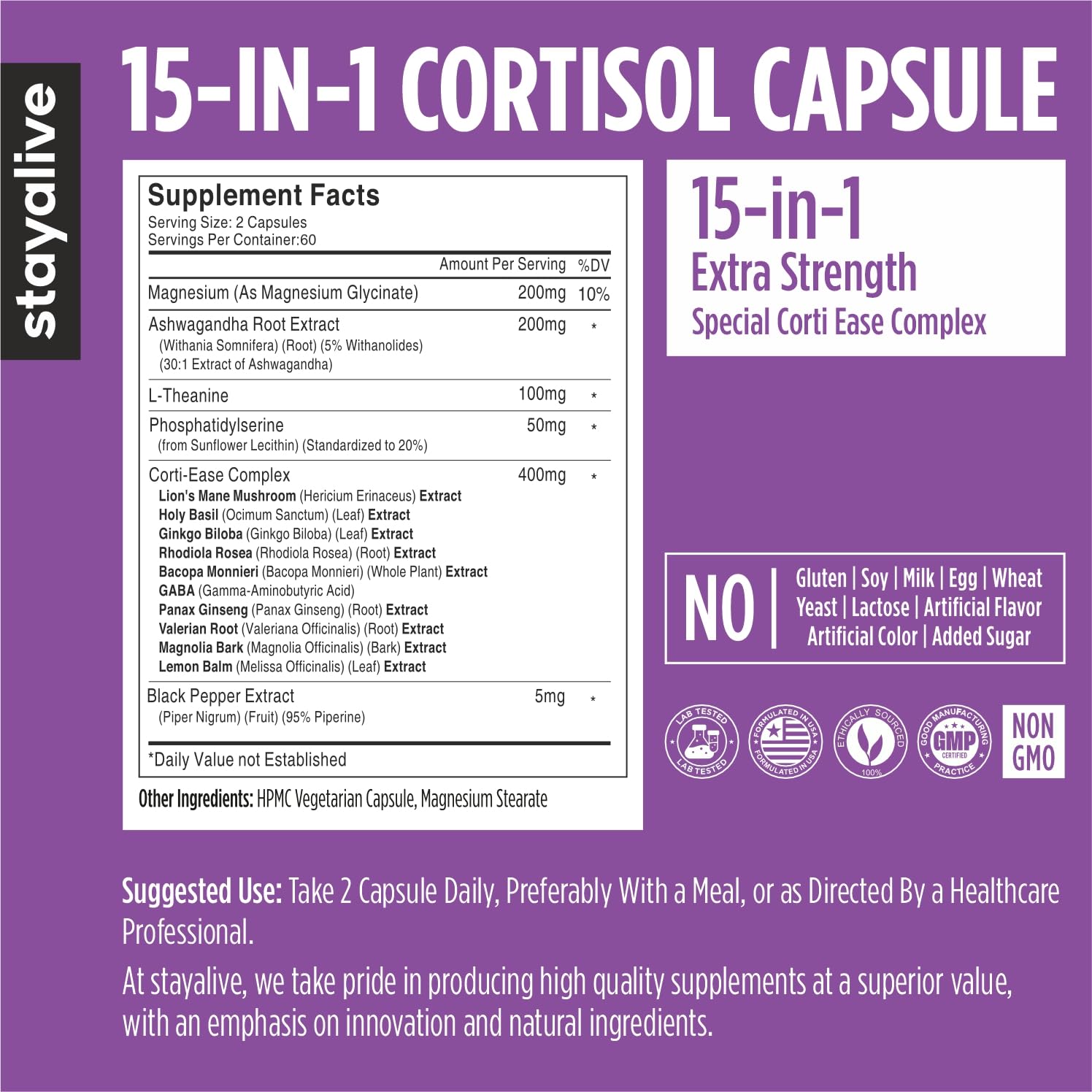 STAY ALIVE Cortisol Manager Supplement 15-in-1 Complex w/L-Theanine, Ashwagandha, Magnesium Glycinate, Phosphatidylserine and More, 120 Veg Capsules, Non-GMO & Gluten-Free Formula for Women and Men STAY ALIVE uk supplements