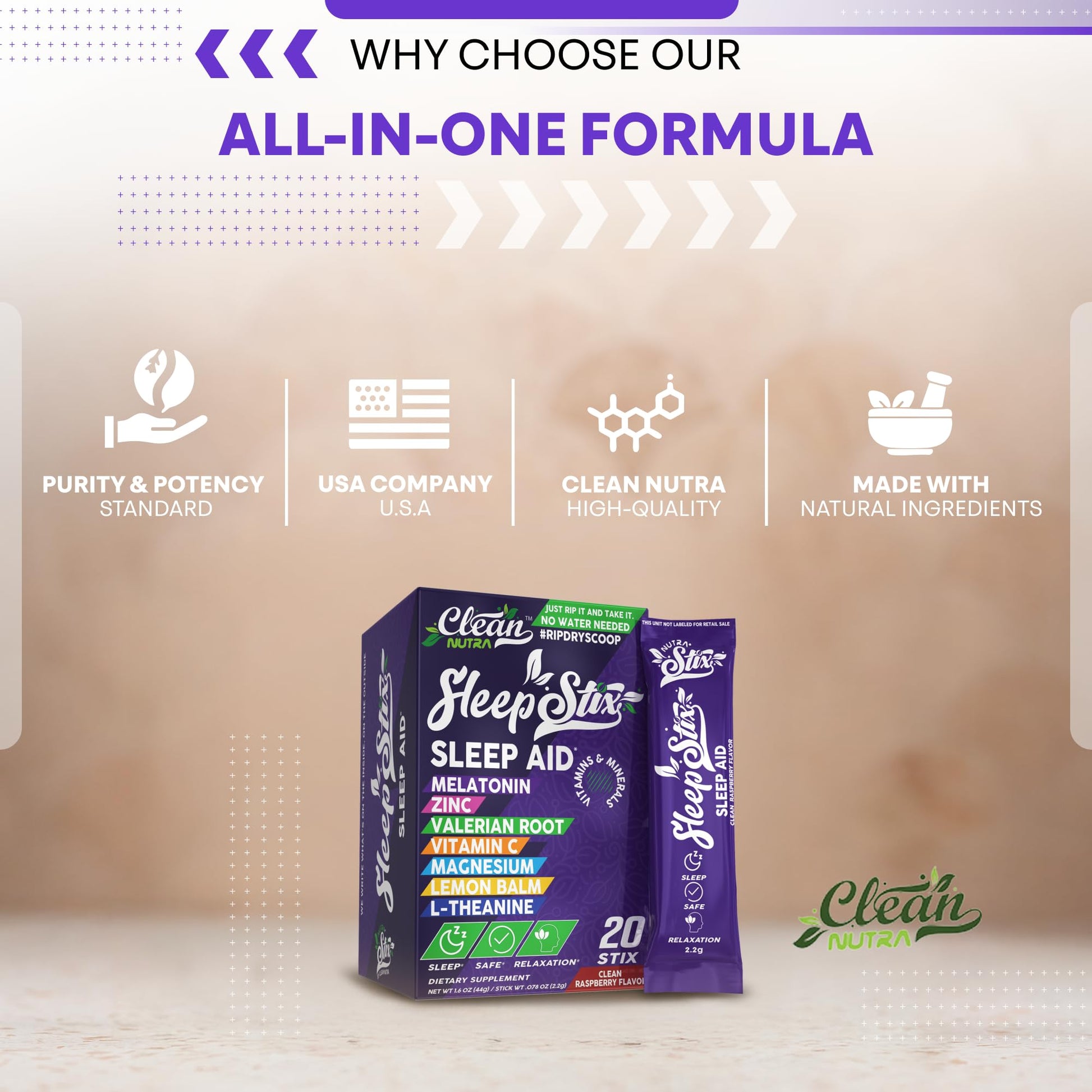 Sleep Aid Melatonin Powder Tryptophan Glycine Valerian Root Magnesium For Sleep Lemon Balm L Theanine Magnesium Glycinate Zinc Sleep Aid Myo Inositol GABACalm B6 5 HTP Stress Relief 20 Stix Clean Nutraceuticals uk supplements