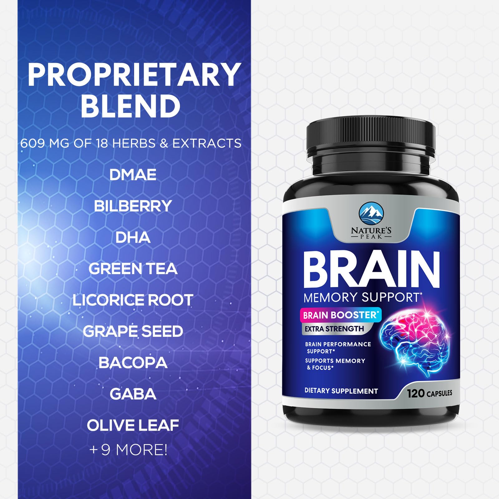 Brain Memory Supplement - 3X Strength Nootropics for Concentration, Clarity & Focus Support - Brain Health Cognitive Vitamins with Bacopa, Phosphatidylserine & DMAE, Brain Booster Pills, 120 Capsules Nature's Peak uk supplements