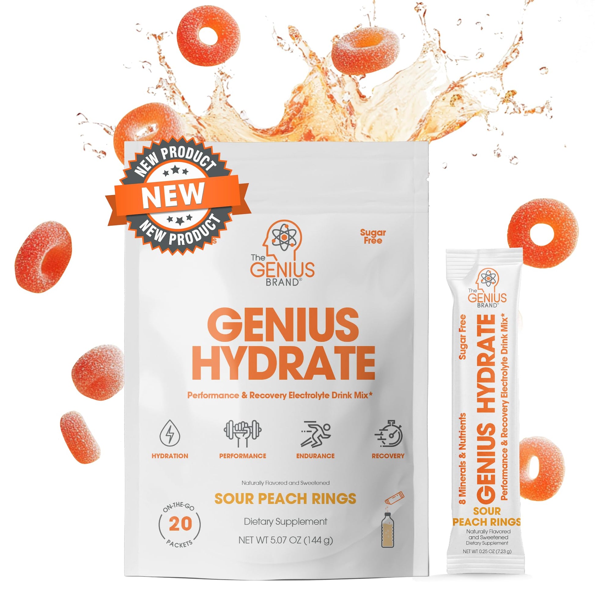 The Genius Brand Genius Hydrate - Electrolyte Supplement for Daily Hydration - Coconut Water - Sugar-Free - 8 Essential Minerals & Nutrients - Non-GMO - Sour Peach Rings - 20 Servings The Genius Brand uk supplements