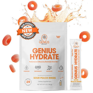 The Genius Brand Genius Hydrate - Electrolyte Supplement for Daily Hydration - Coconut Water - Sugar-Free - 8 Essential Minerals & Nutrients - Non-GMO - Sour Peach Rings - 20 Servings The Genius Brand uk supplements