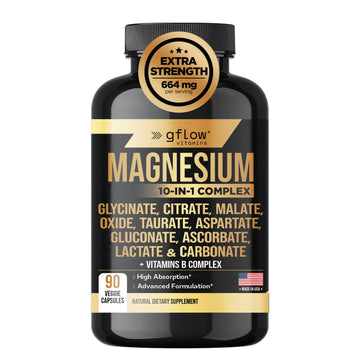 gflow vitamins Magnesium Complex Supplement - 10 Active Forms, Glycinate, Citrate, Malate, Oxide, Taurate, Aspartate, Gluconate, Ascorbate, Lactate, Carbonate, Plus More with Vitamin C B1 B2 B6 B12 gflow vitamins uk supplements