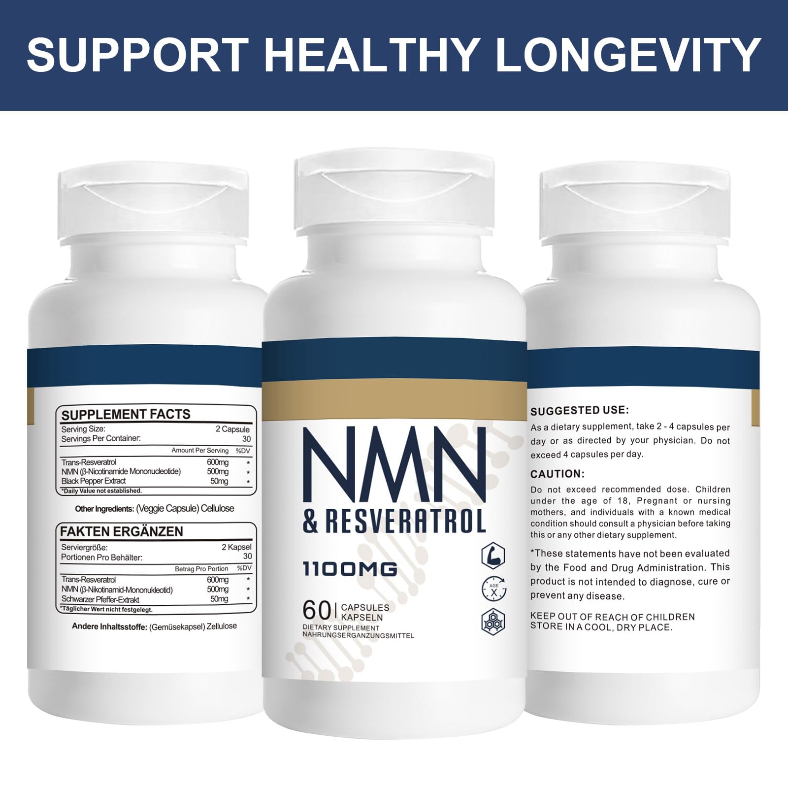 Jeaderly 1100mg NMN & Trans-Resveratrol, 3-in-1 Supplement, 60 Veggie Capsules – Supports NAD+ Boost*, Cellular Energy, Immune Function, Muscle Health & Anti-Aging, 30-Day Supply Jeaderly uk supplements