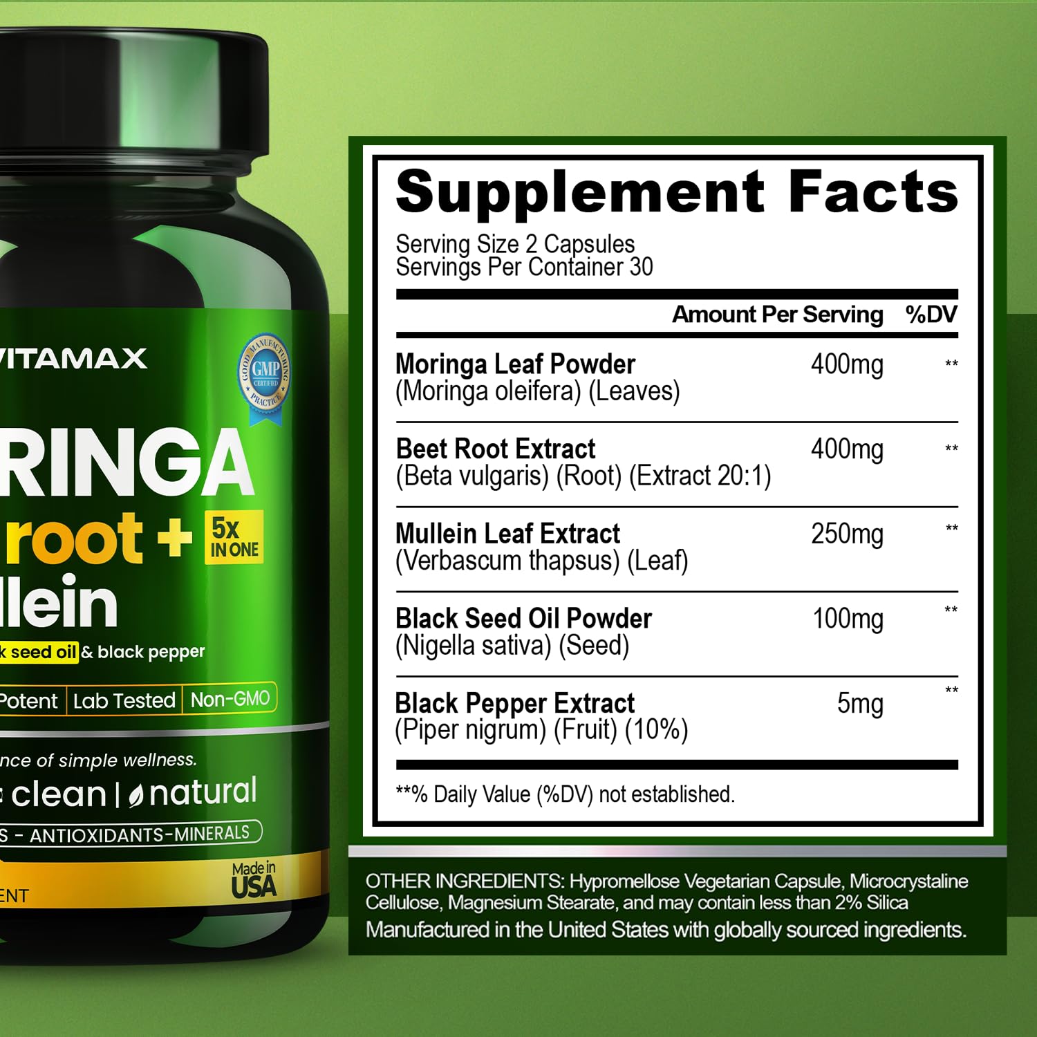 Moringa Capsules, Beet Root, Mullein Leaf - Energy, Skin, Immune Supplement Superfood, Rich in Antioxidants, Minerals & Essential Vitamins - High Absorption Non-GMO - Made in USA - 60ct Vitamax uk supplements