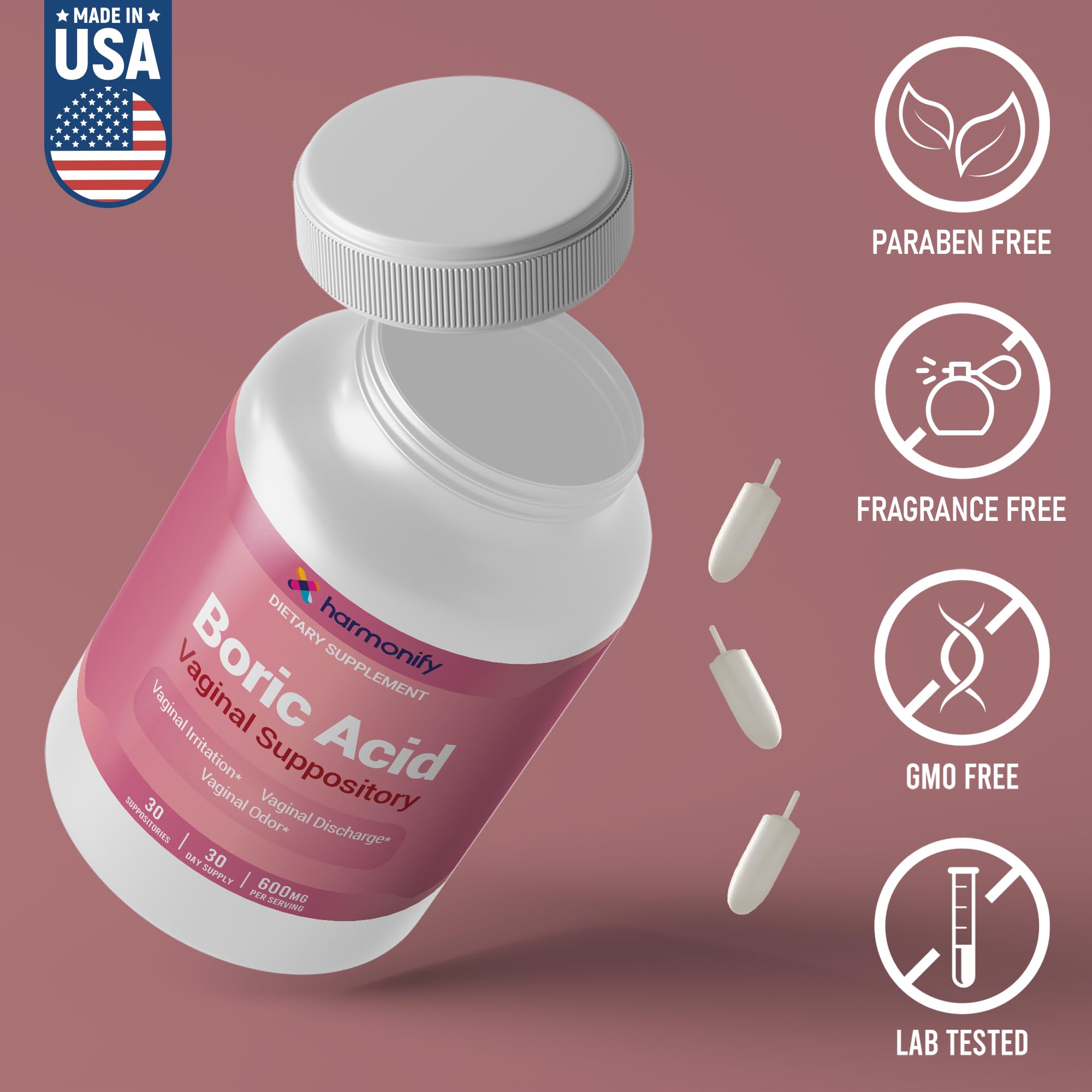 Boric Acid Suppositories for Women 600 mg, Pure Boric Acid pH Balance for Women & Vaginal Odor Control – 30 Suppositories, Made in USA HARMONIFY uk supplements