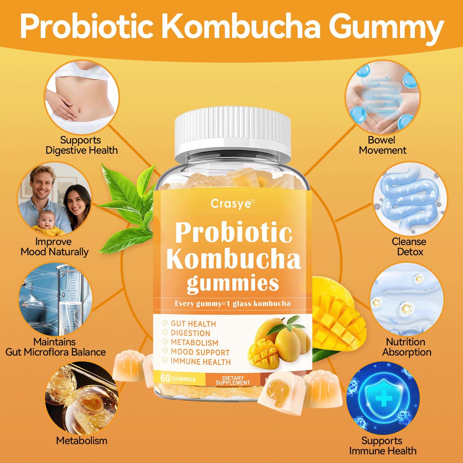 Crasye Probiotic Kombucha Gummies Sugar Free Prebiotic Postbiotic Probiotics Gummies with Slippery Elm for Women and Men Bloating Gut Health Immune and Digestive Support - 60 Gummies - 30 Servings Crasye uk supplements
