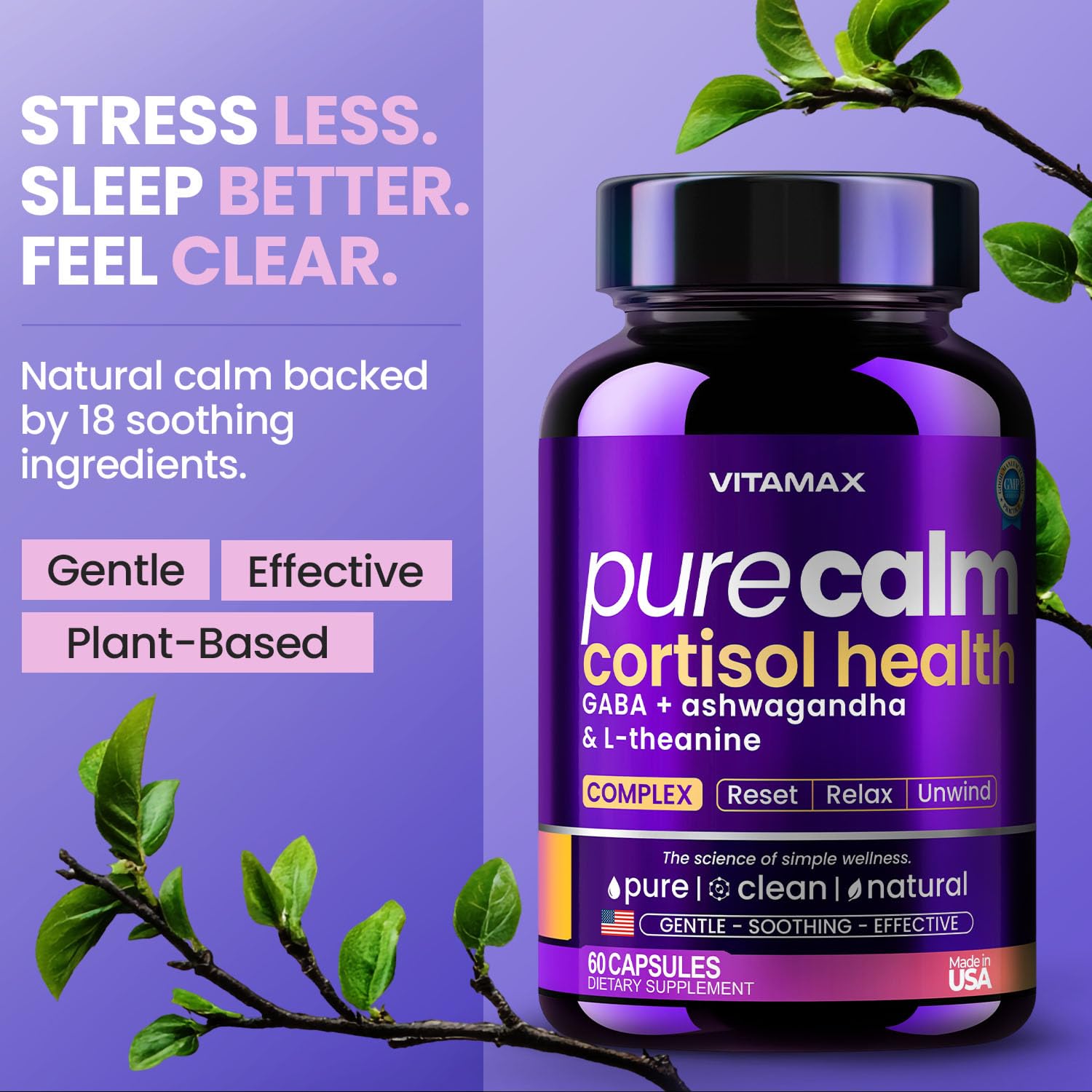 Vitamax Pure Calm Cortisol Supplements for Women - L Theanine, Ashwagandha, GABA for Relaxation, Mood & Stress Support with Ginkgo Biloba, Bacopa Monnieri, 5-HTP – Non-GMO, Made in USA – 60ct Vitamax uk supplements