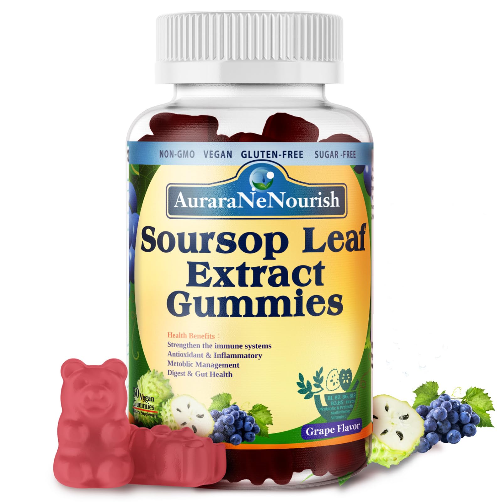AuraraNeNourish Sugar Free Soursop Gummies with Probiotics & Fiber 100 Billion CFUs, Organic Soursop Leave Extract with Vitamin C B-Complex for Digestive Gut Health, Energy Balance, Immune Boost AuraraNeNourish uk supplements