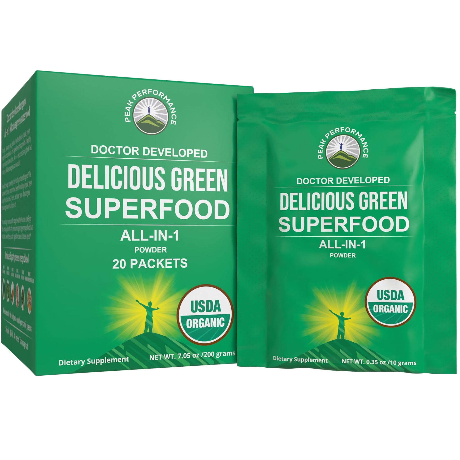 Peak Performance Organic Greens Superfood Powder Single Serve Travel Packets. Best Tasting Organic Green Juice Super Food with 25+ All Natural Ingredients for Max Energy. (20 Pack) Peak Performance uk supplements
