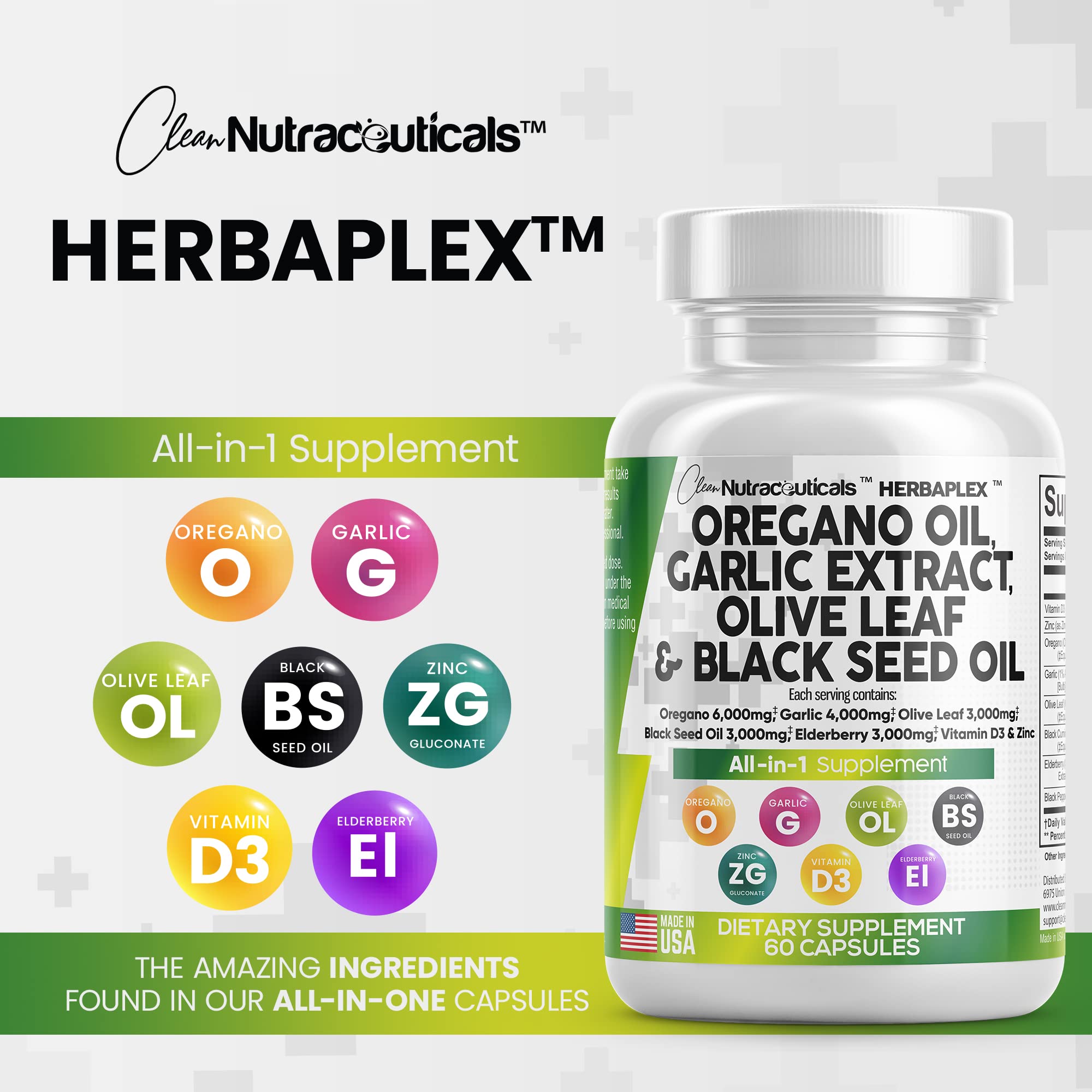 Oregano Oil 6000mg Garlic Extract 4000mg Olive Leaf 3000mg Black Seed Clean Nutraceuticals uk supplements
