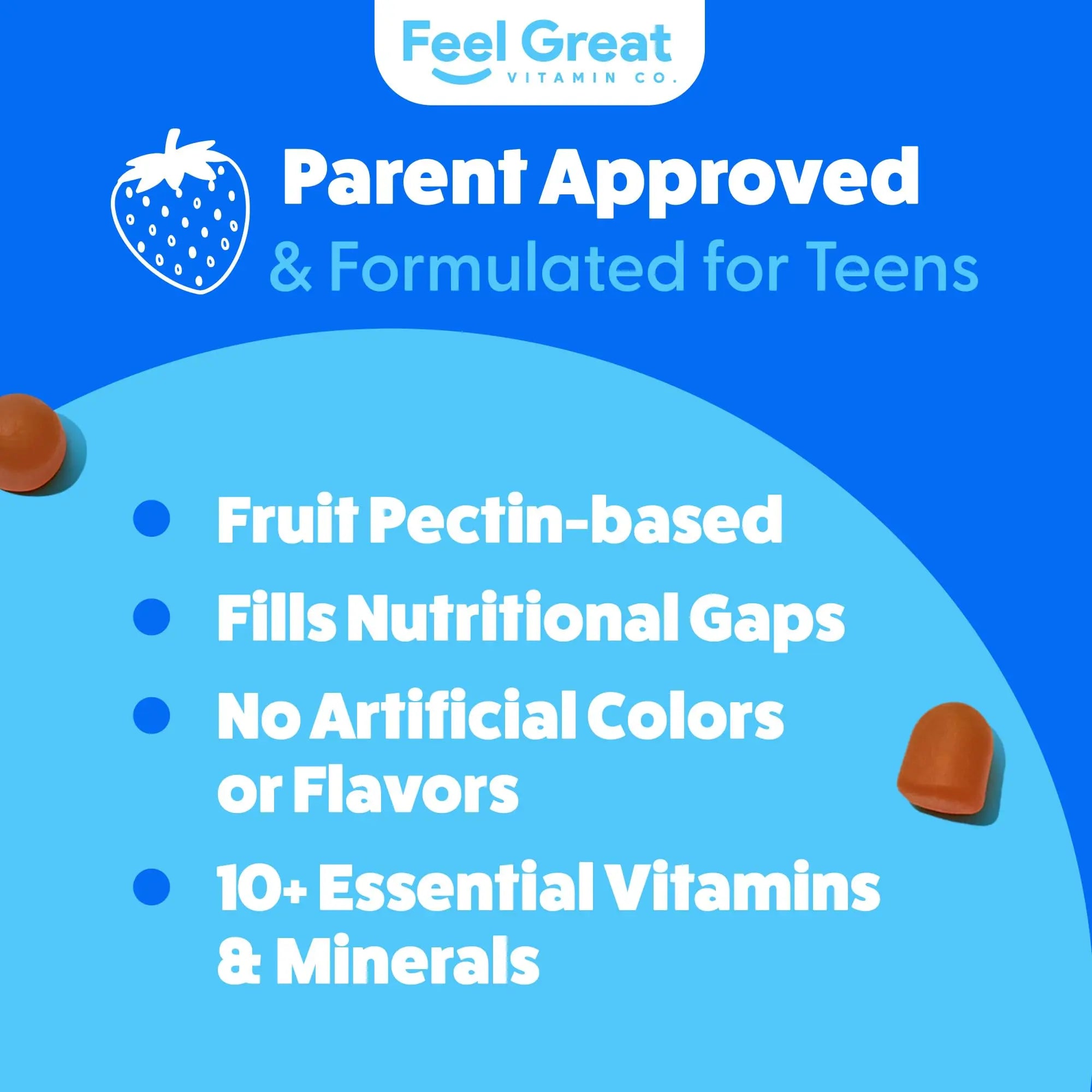 Feel Great Teen Vitamins Multivitamin Gummies | Citrus & Strawberry Flavor for Teen Boys & Girls | for Bone, Muscle & Immune Support | The Feel Great Vitamin Company uk supplements