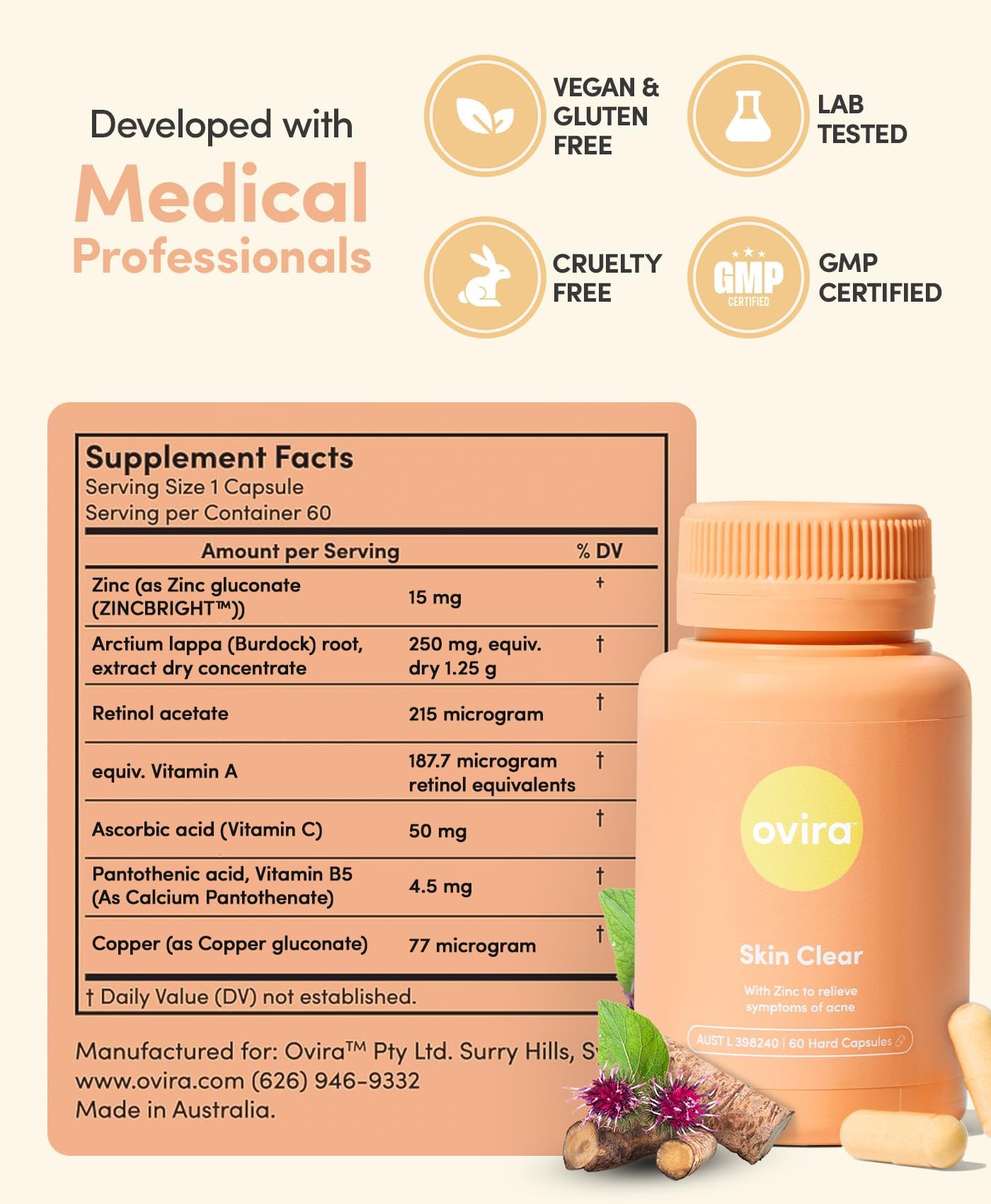 Ovira Skin Clear with ZINCBRIGHT - 60 Capsules for Clear and Glowing Skin | Rosacea & Hormonal Acne Treatment | Support Collagen Production | Acne Supplements for Women & Men - Pack of 2 Ovira uk supplements